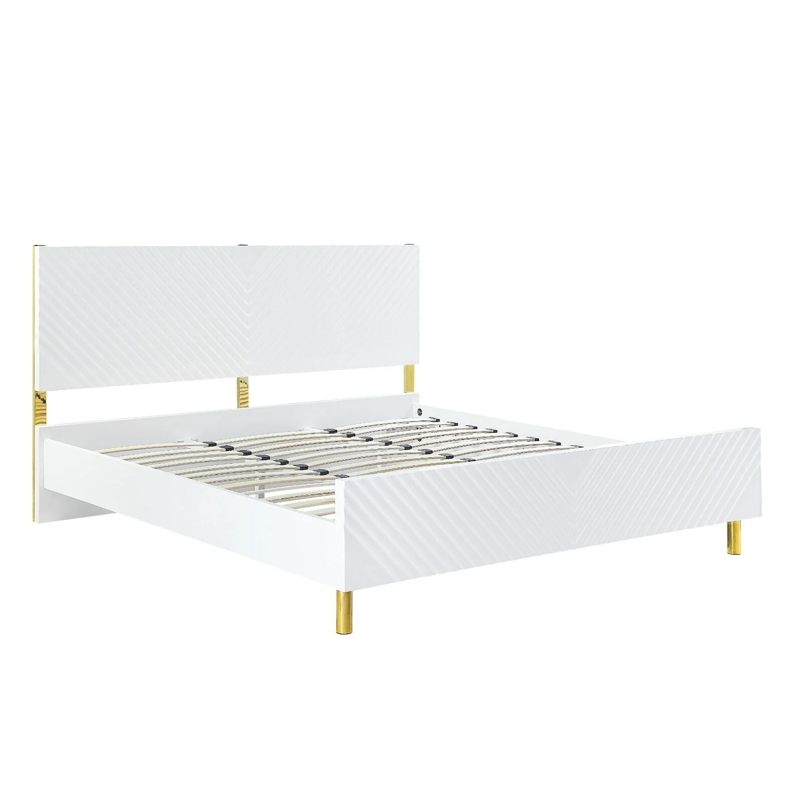 Glamorous Style White Gloss Finish 1pc Queen Size Bed Gold Metal Accents Legs Furniture