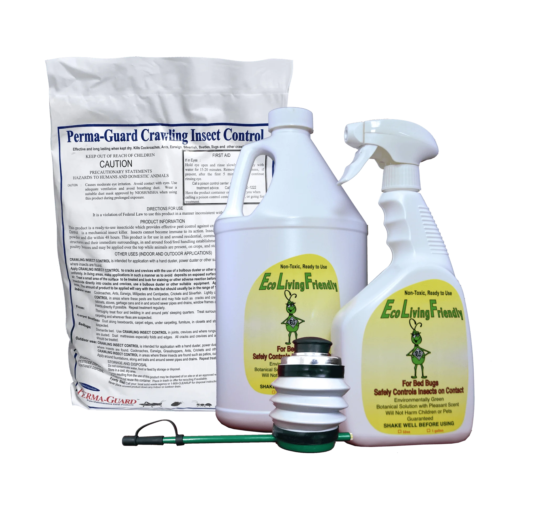 Eco Living Friendly for Bed Bugs and Perma-Guard Diatomaceous Earth Crawling Insect Control Combo / Non-Toxic, Natural Bedbug Killer / ELF 32 Oz Spray, 128 Oz Refill Bottle, 2 lb DE Bag, Duster