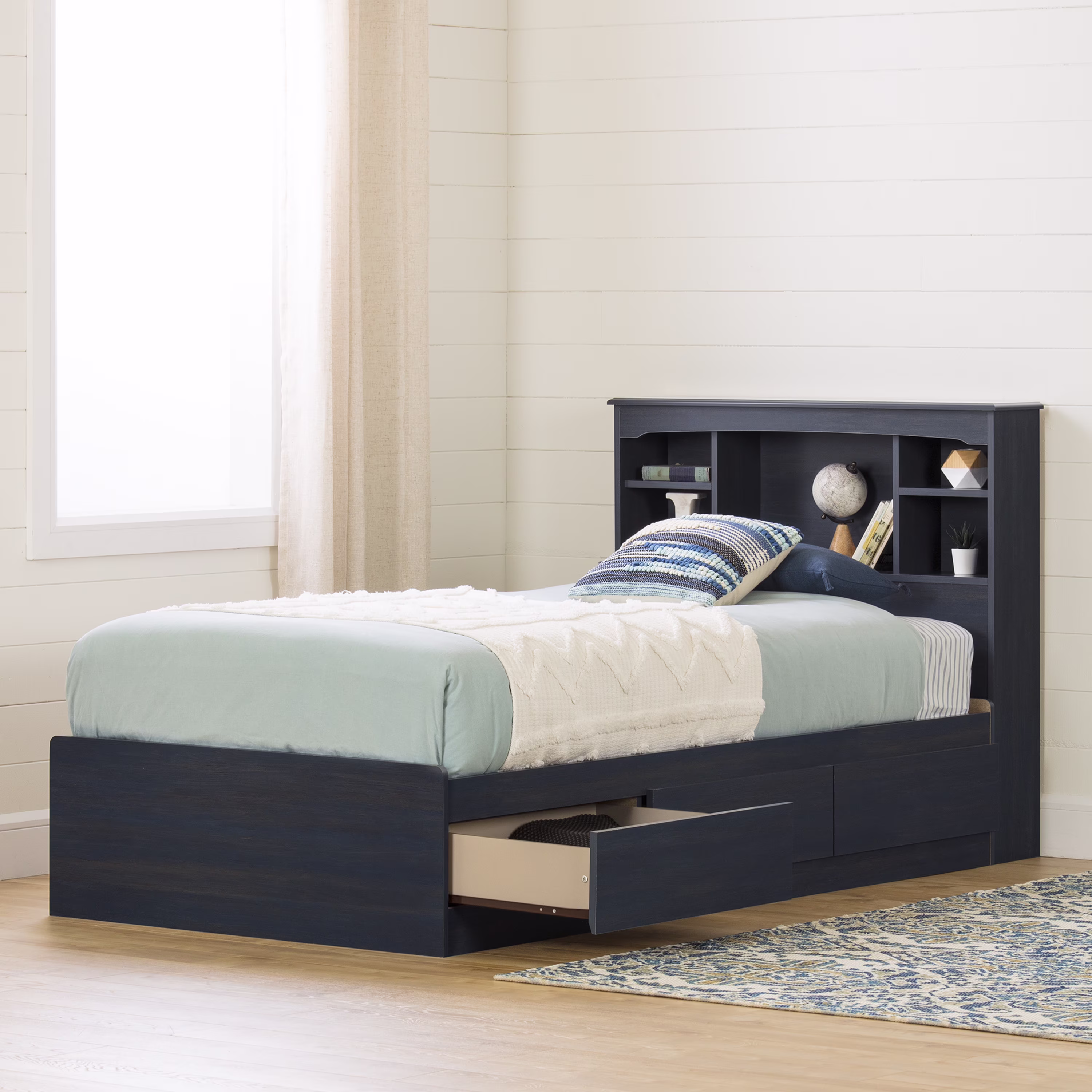 South Shore Aviron, Twin,Coastal Bed and Headboard Set, Blueberry