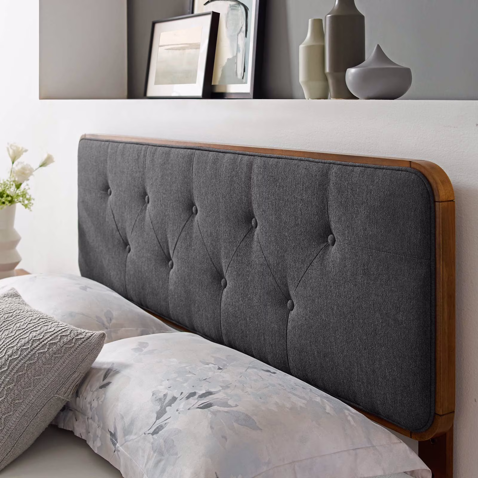 Modway Collins Tufted Queen Fabric and Wood Headboard in Walnut Charcoal