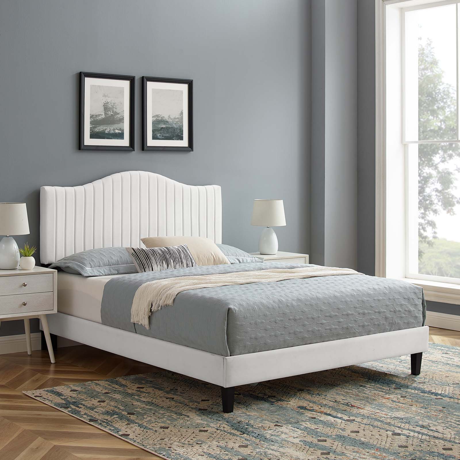 Modway Juniper Channel Tufted Performance Velvet King Platform Bed in White