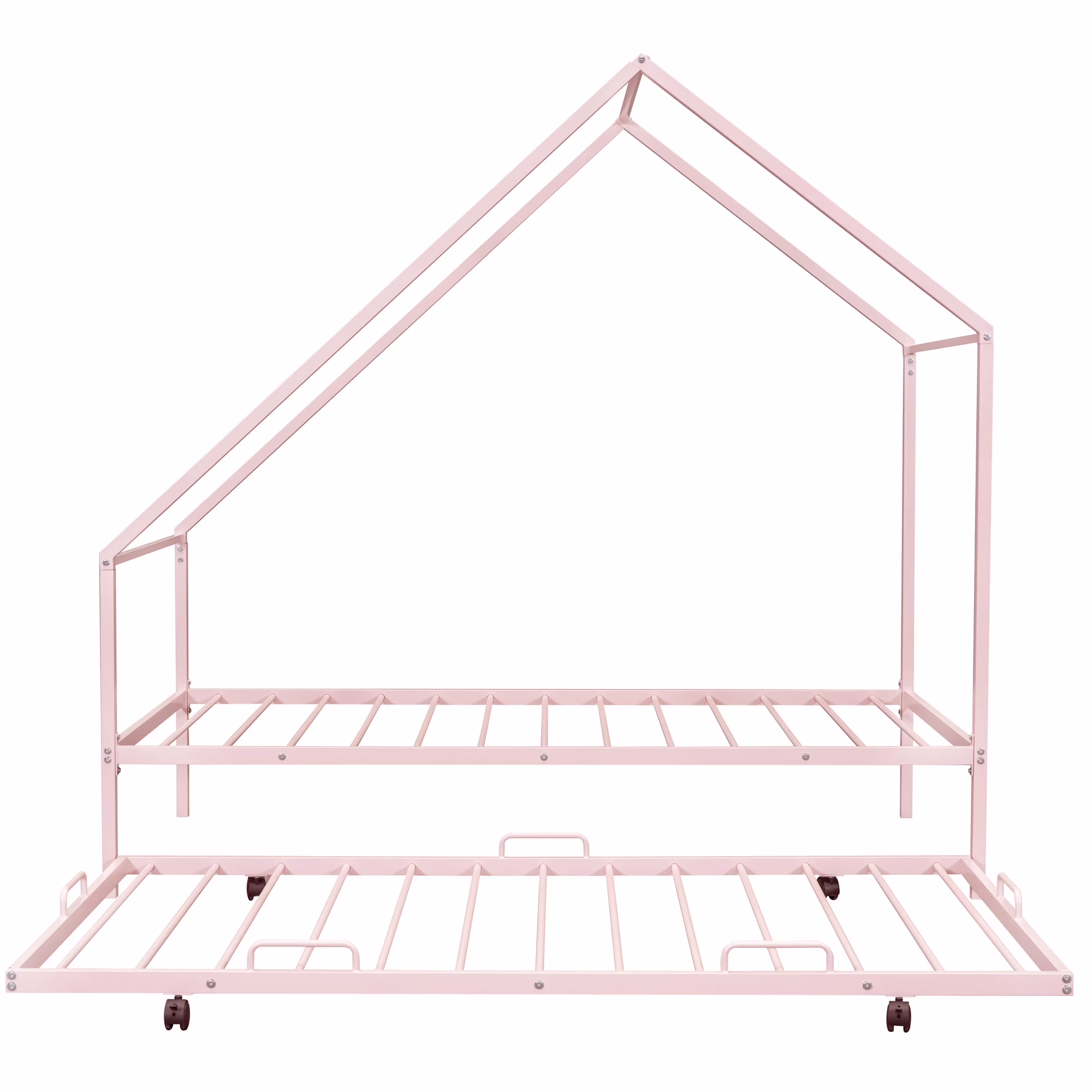 paproos Twin House Bed with Trundle, Pink Metal House Bed Frame for Kids Boys Girls Teens, Heavy Duty Twin Size House Bed with Trundle Included, No Box Spring Needed