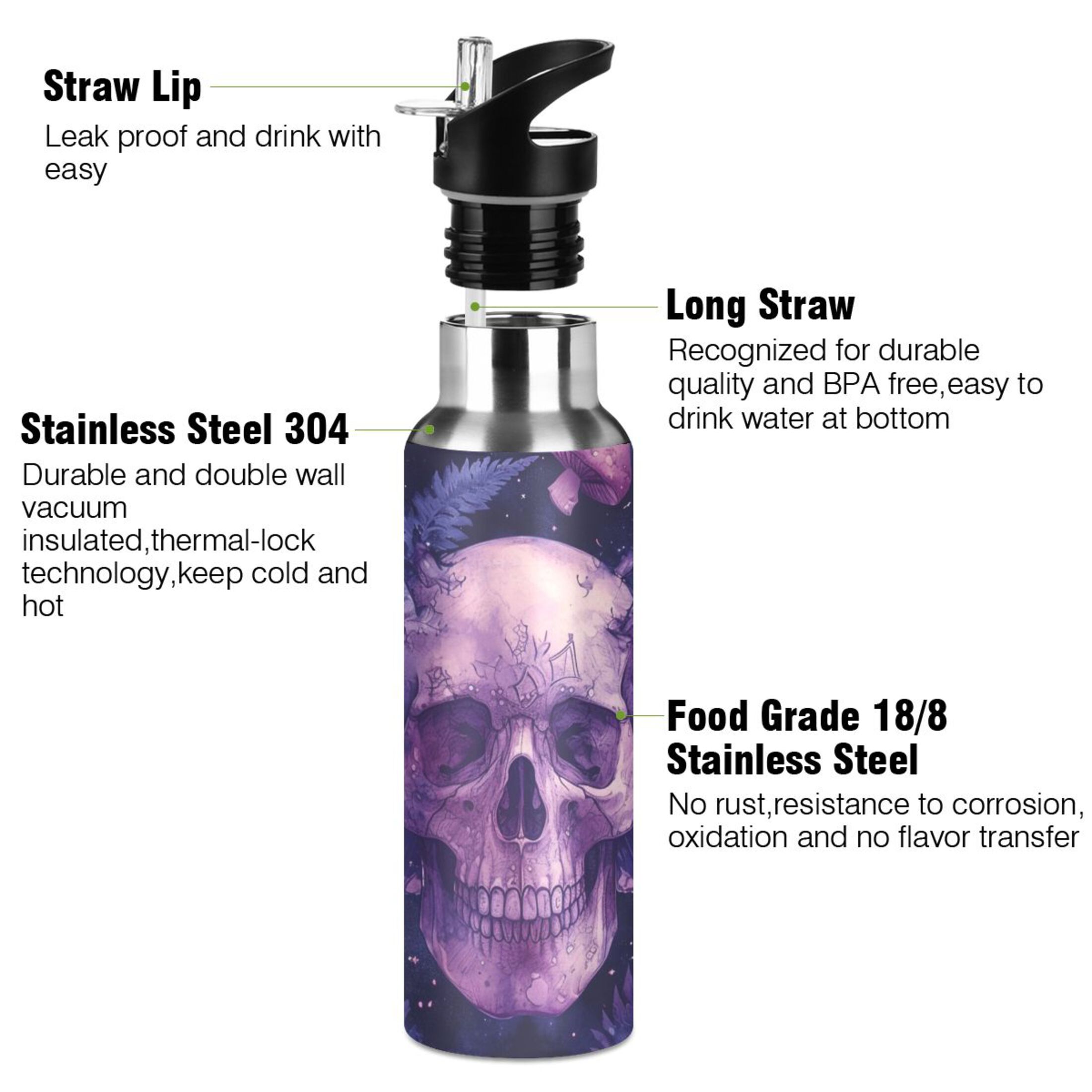 Butterflies Skull Head Water Bottles Insulated Thermos Kids Stainless Steel Bottle with Straw Lid Flask Leakproof for Sports Gym 20 oz