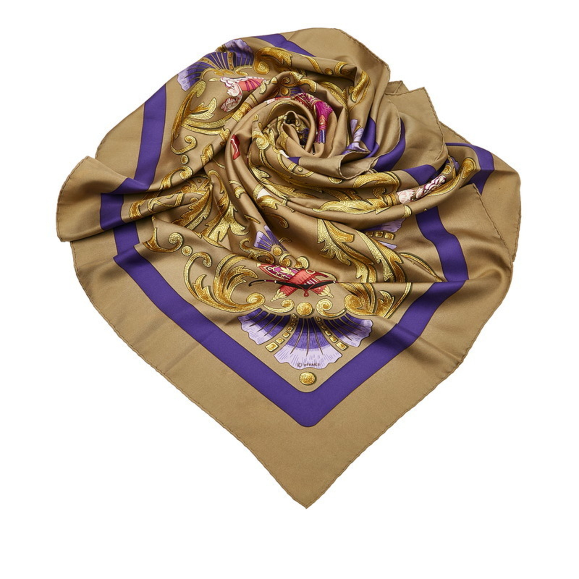 Pre-Owned Hermes Carre 90 Cheval Turc Turkish Horse Scarf Muffler Khaki Green Purple Multicolor Silk Women's HERMES (Fair)