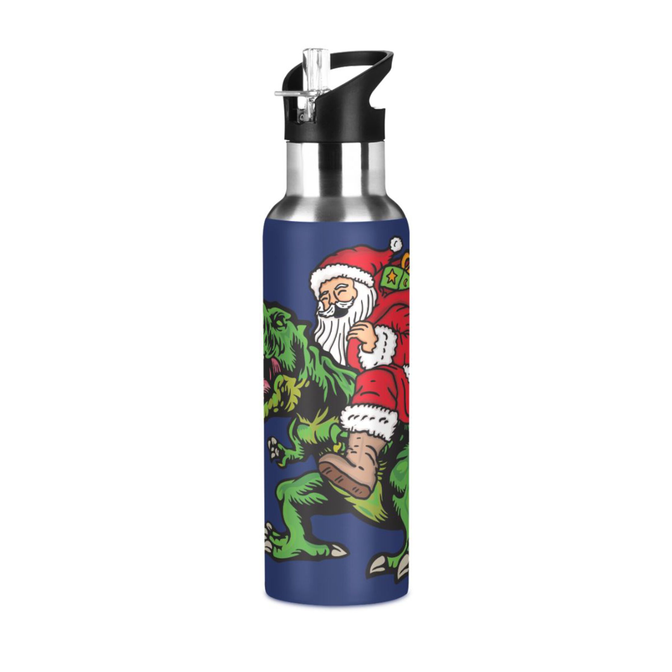 Water Bottle with Straw Lid Leak Santa Claus Riding Dinosaur Stainless Steel Insulated Thermos Vacuum Flask for Cold Hot Drinking for Sports Camping Gym Yoga