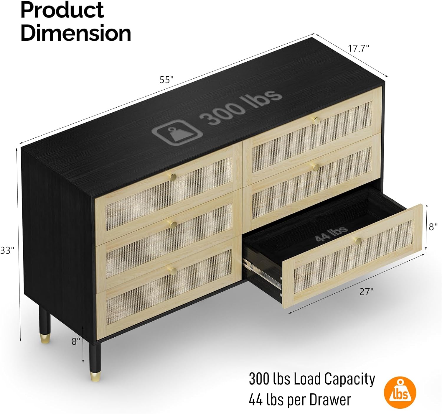 Rattan Dresser, 6 Drawer Dresser,  Dressers & Chests of Drawers, Wood Dresser TV Stand for Bedroom, Black and Gold Dresser, Black Rattan Dresser,Kids/Baby/Nursery Dresser,Mid Century Modern