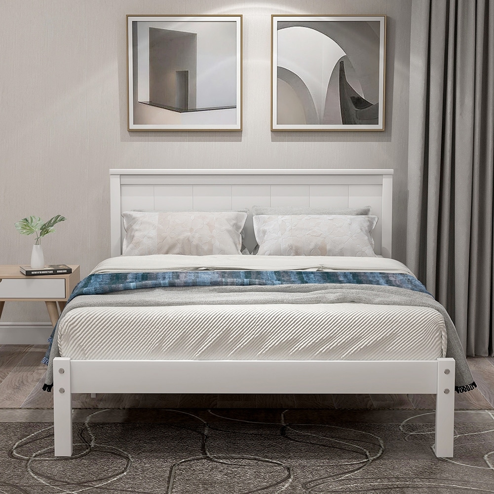 2-Color Platform Bed Frame with Headboard , Wood Slat Support White Full