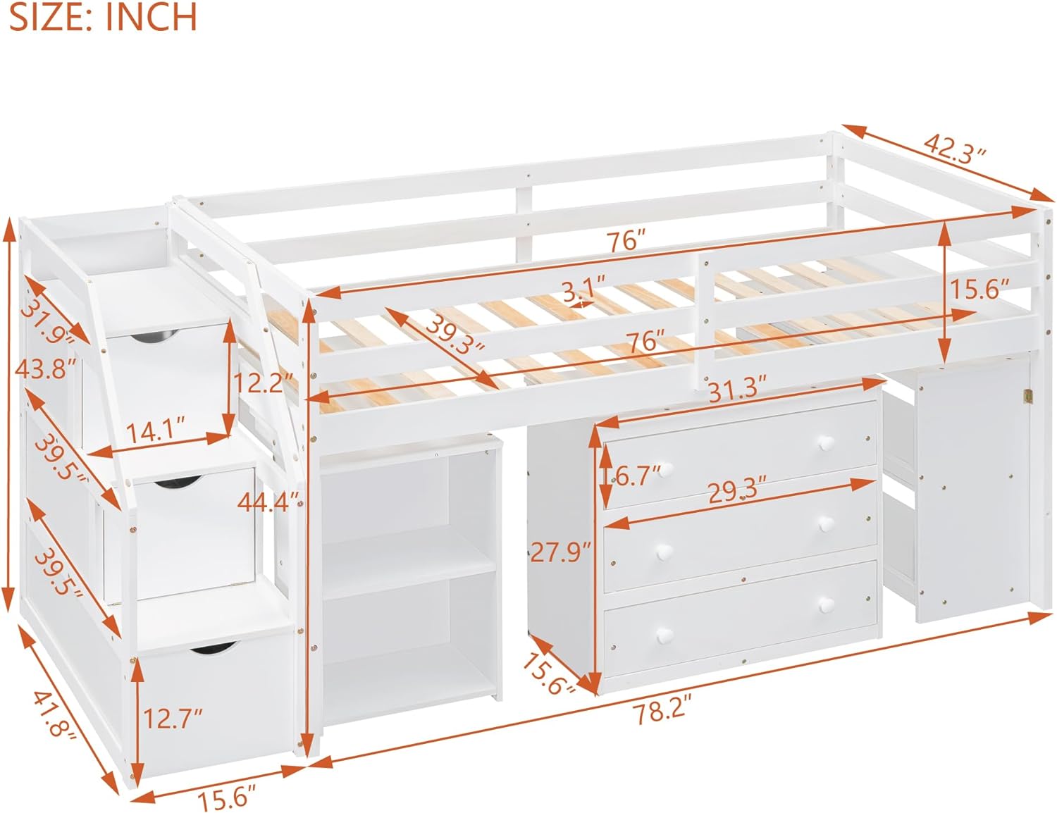 Twin Size Loft Bed Frame for Boys Girls Kids Adults Toddler with Retractable Writing Desk and 3 Drawers, Wooden Loft Bed with Storage Stairs and Shelves