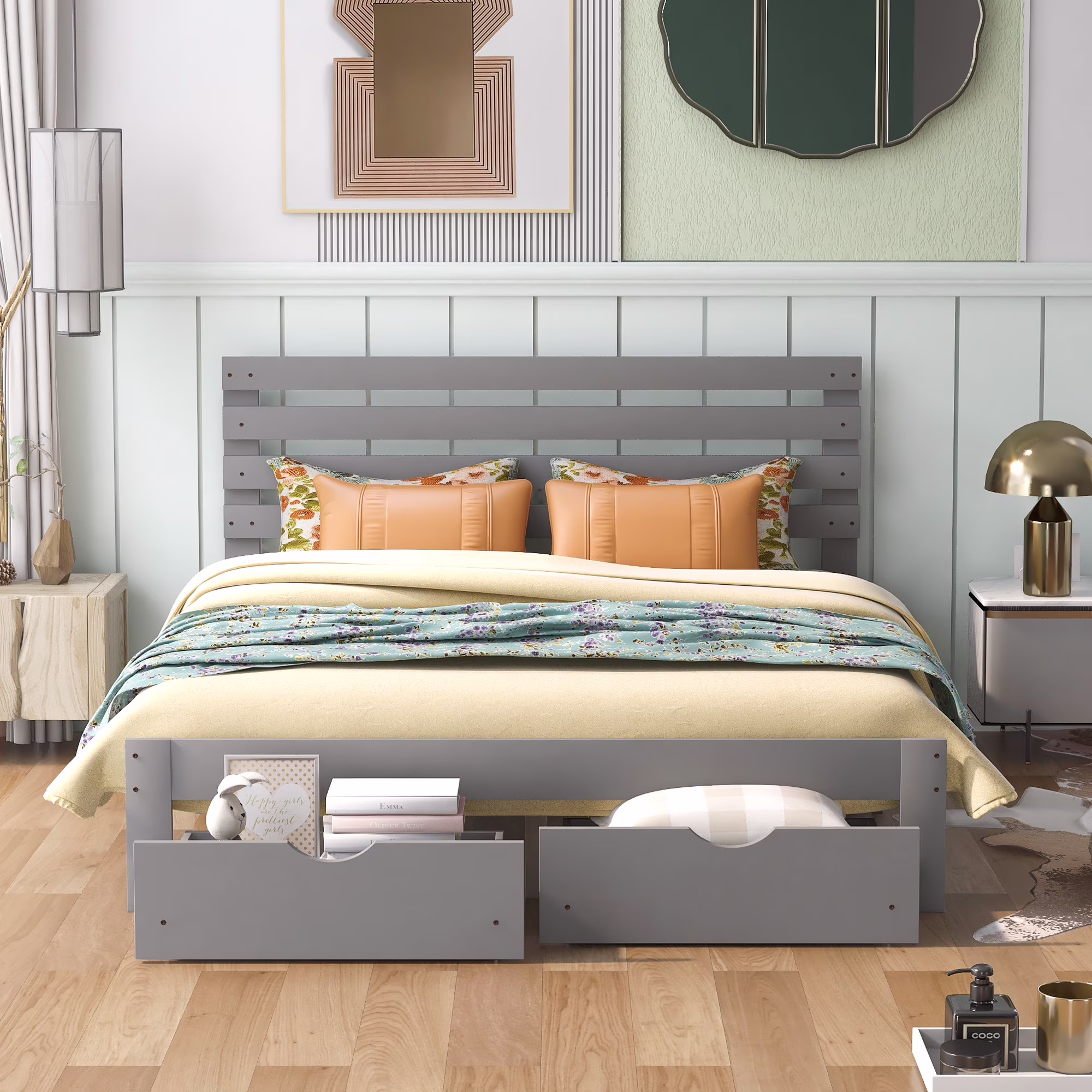 Wood Queen Platform Bed Frame with Headboard, BTMWAY Queen Bed with Storage Drawers, Modern Queen Bed Frame with Wood Slats, Queen Size Platform Bed Frame for Bedroom, No Box Spring Needed, Gray