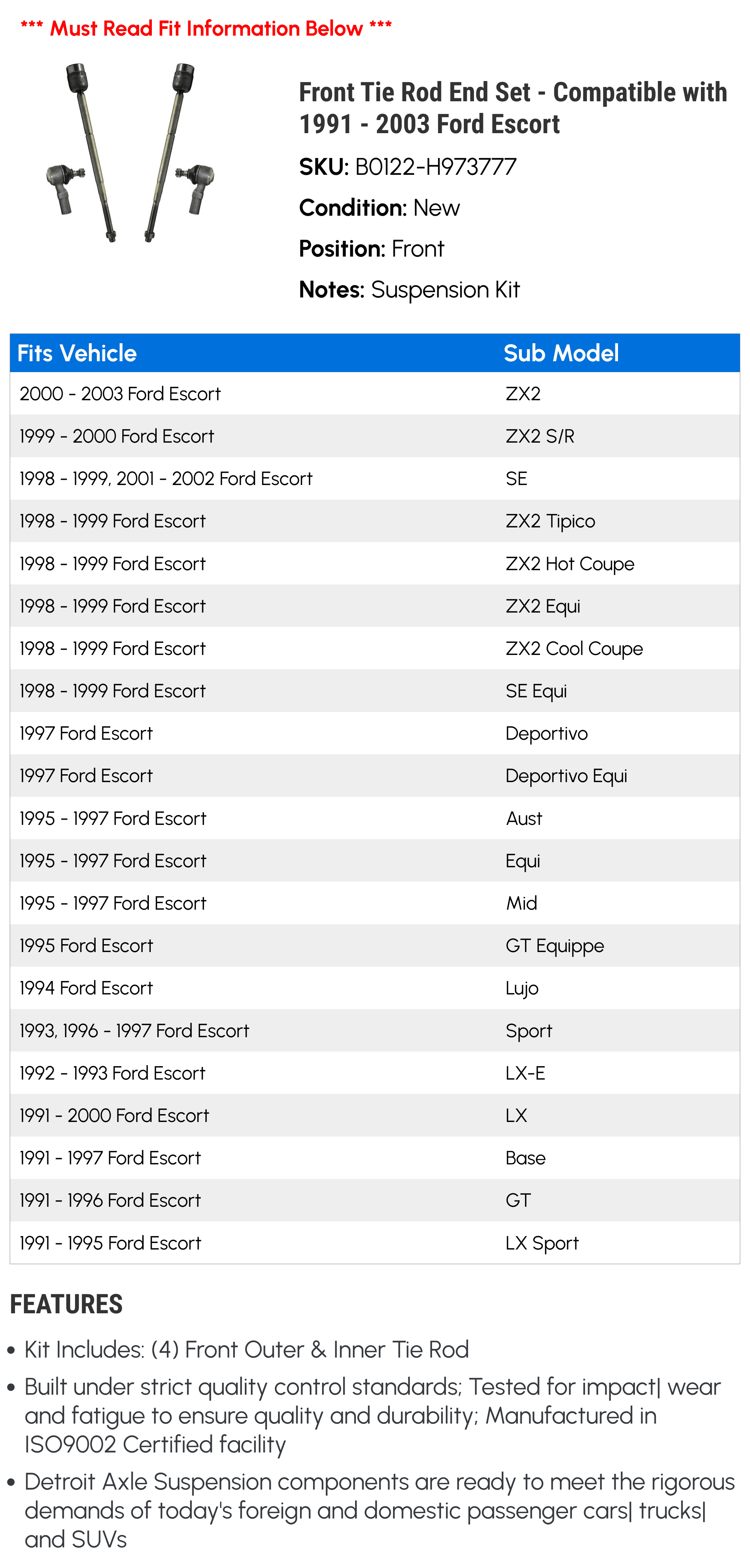 Front Tie Rod End Set - Compatible with 1991 - 2003 Ford Escort 1992 1993 1994 1995 1996 1997 1998 1999 2000 2001 2002