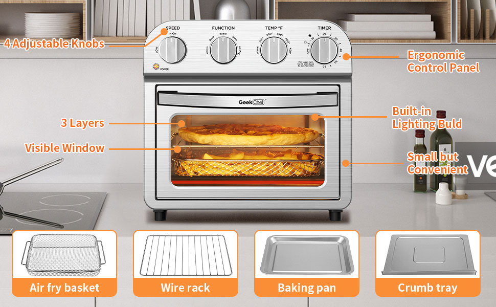 Geek Chef 10.6QT Air Fryer Oven 4 Slice Toaster Oven Convection Air Fryer Combo Broil Toast Bake Air Fry Oil-Free