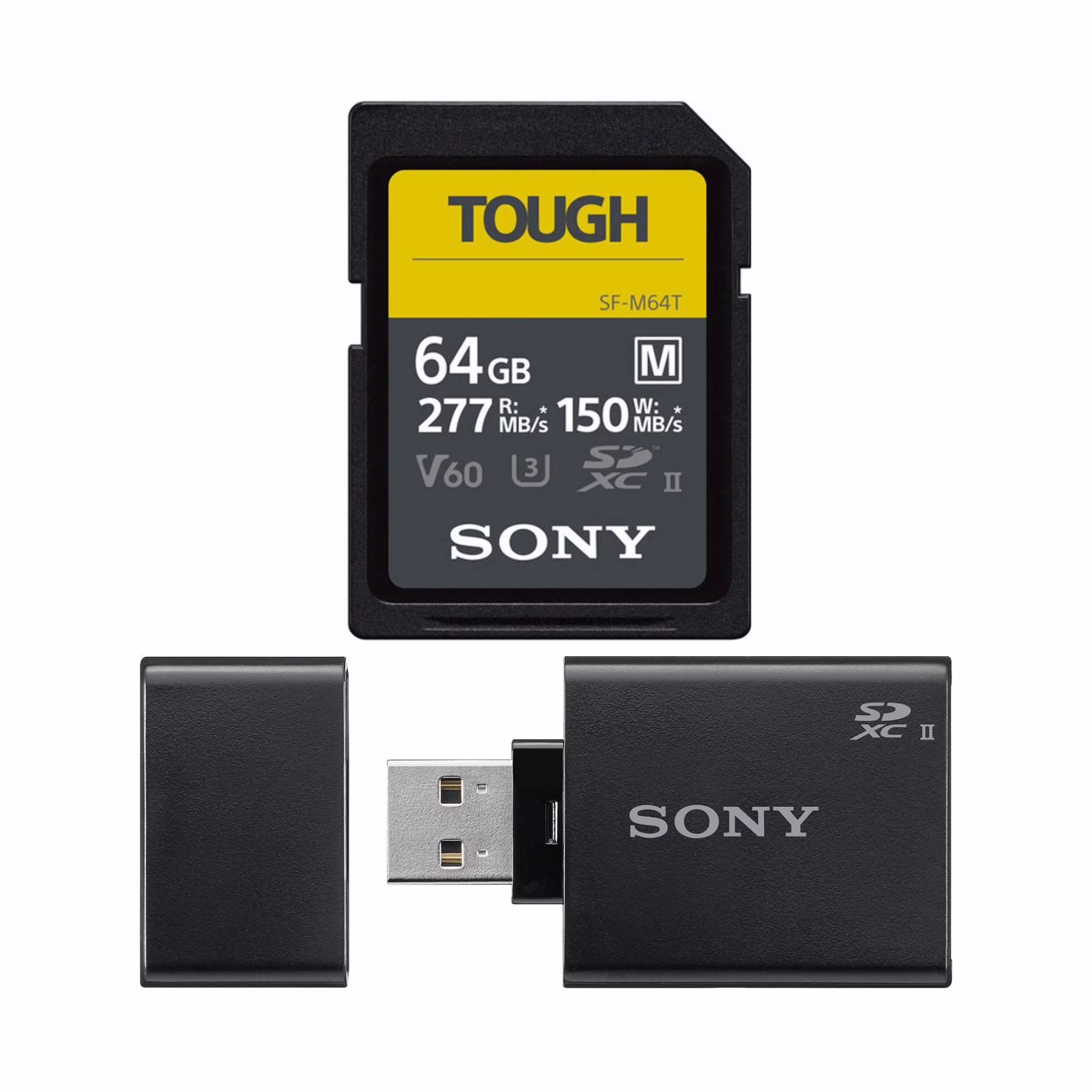 Sony 64GB SF-M Series High Speed Tough SD Card with Sony UHS-II USB 3.1 SD Card Reader bundle
