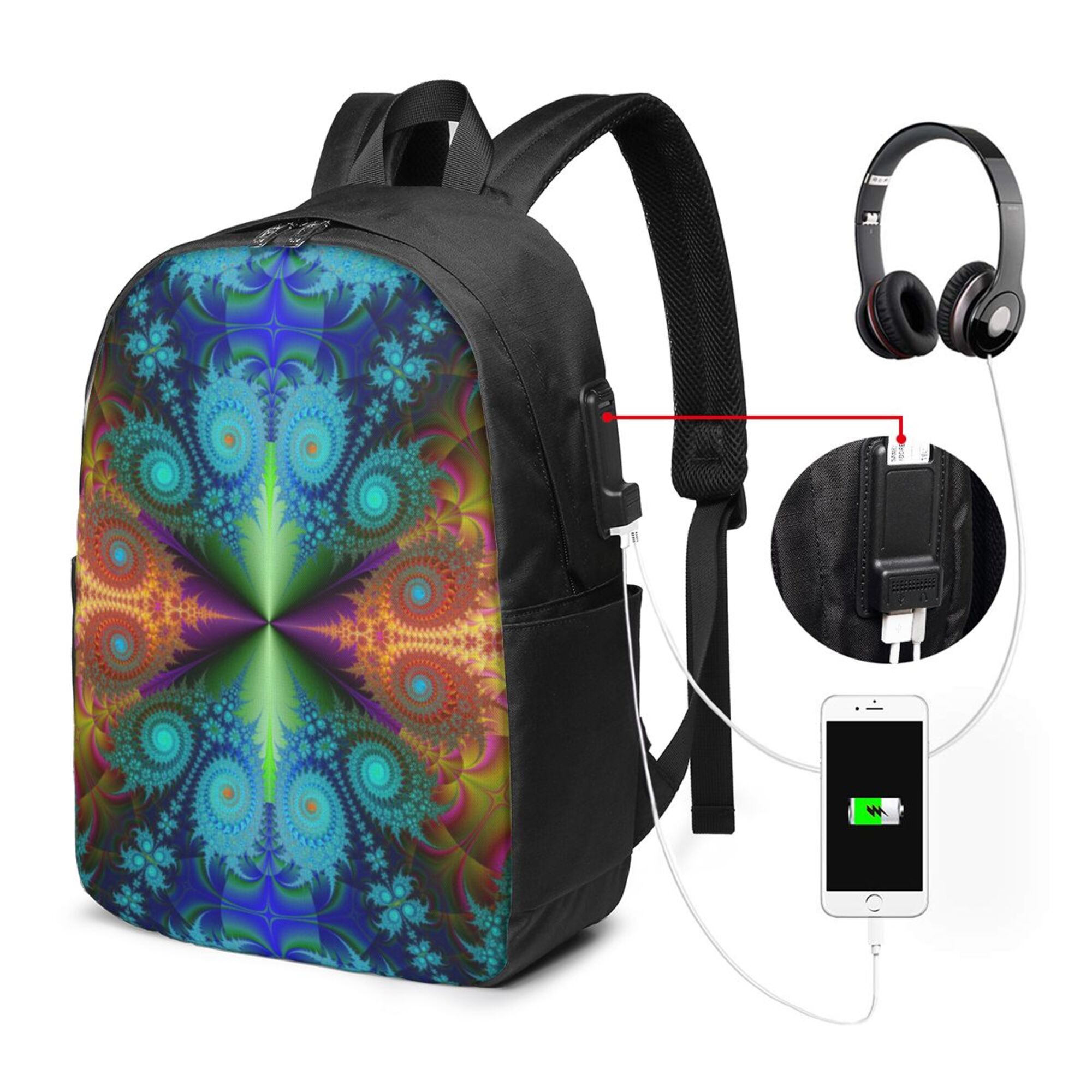 TEQUAN Travel Laptop Backpack, Psychedelic Colorful Fractal Prints Outdoor Hiking Bag School Bookbag Casual Lightweight Daypack