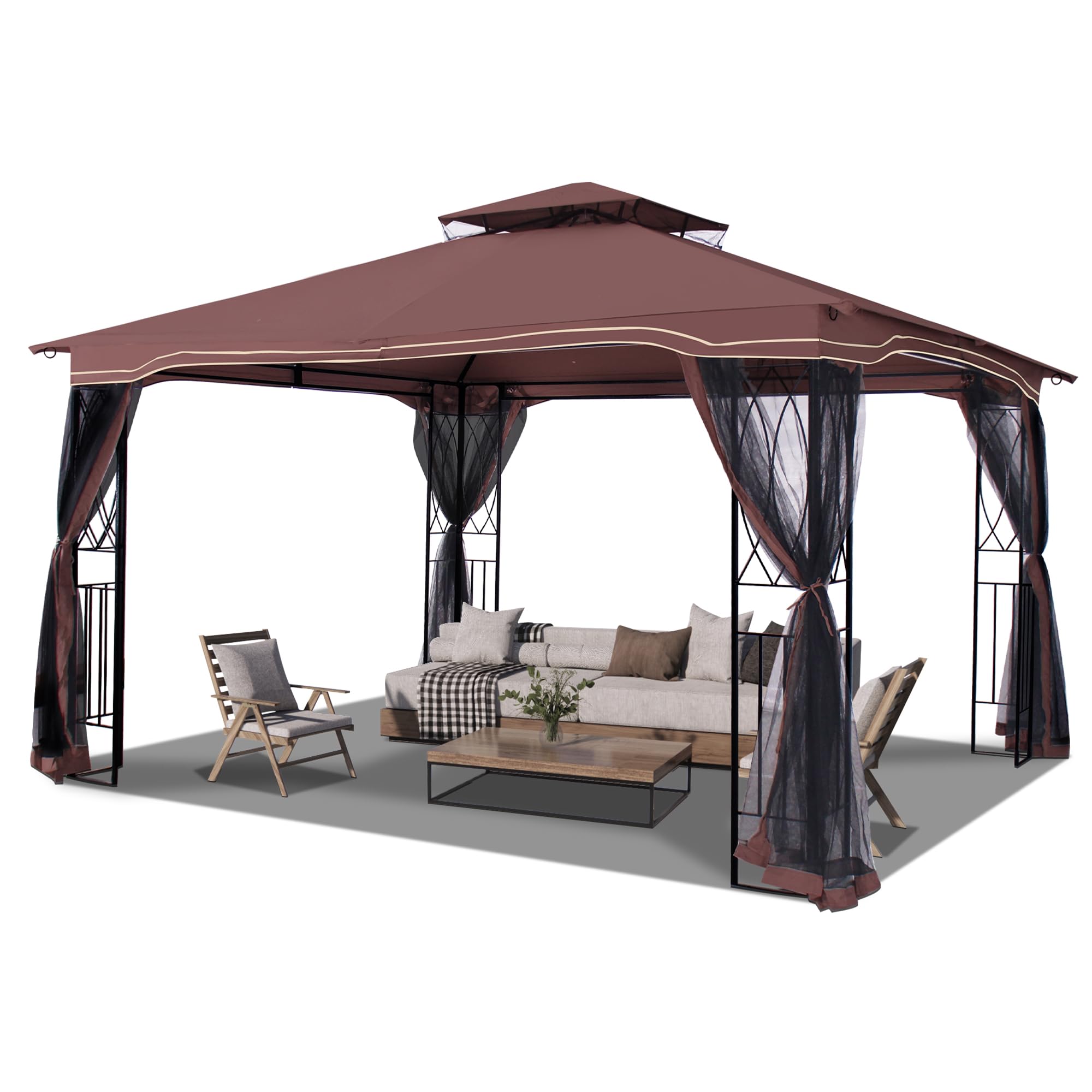 COVERONICS 10' x 12' Patio Gazebo Outdoor, Double Roof Outdoor Gazebo with Netting, Metal Frame Gazebo Waterptoof for Deck Backyard Lawn,Garden(Brown)