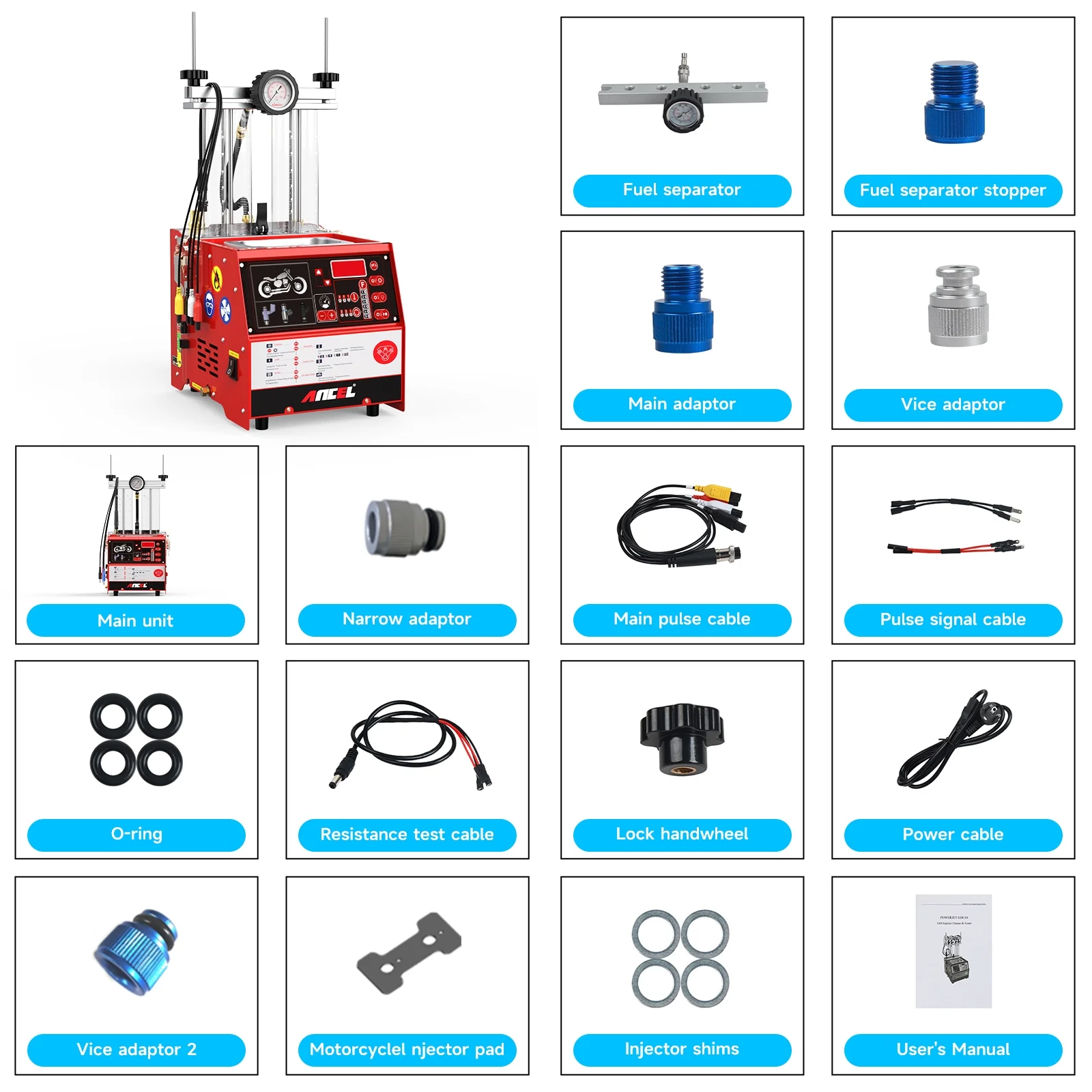 ANCEL AJ400-M Motorcycle Fuel Injector Cleaner Tester Motor Injector Leakage Test Flow Test Motor Repair Clean Tool Fuel Injector Cleaning Testing 2in1 Machine for Motorcycle 4-cylinders Car Injectors