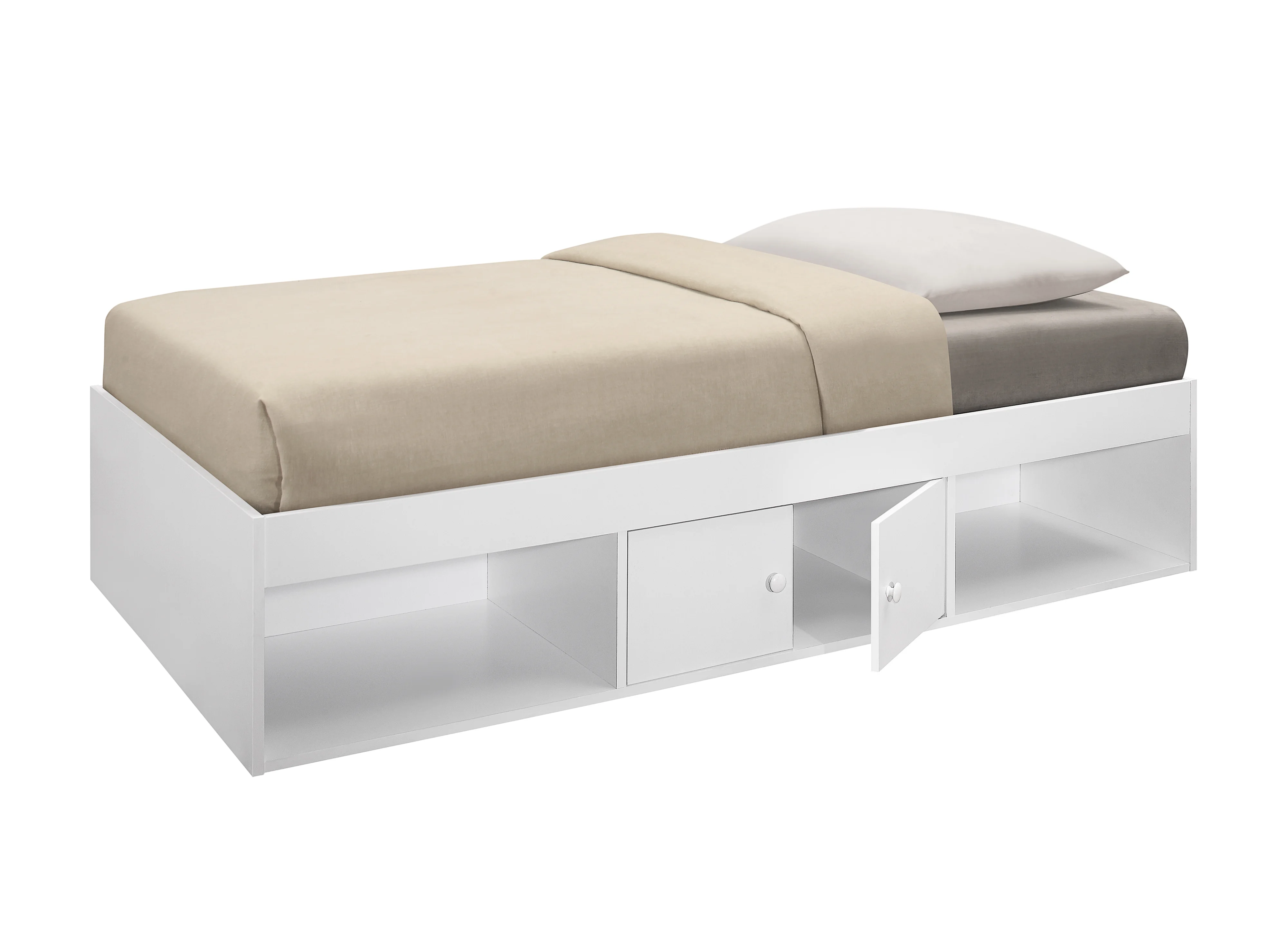 Tiara Twin Size Storage Platform Bed, White Wood Finish