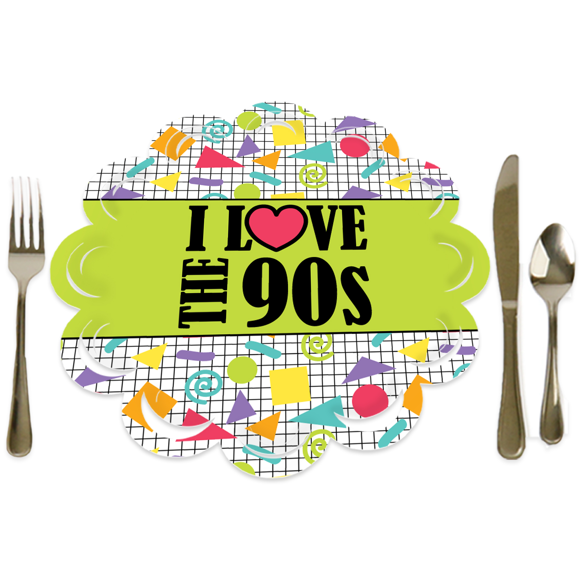 Big Dot of Happiness 90’s Throwback - 1990s Party Round Table Decorations - Paper Chargers - Place Setting For 12
