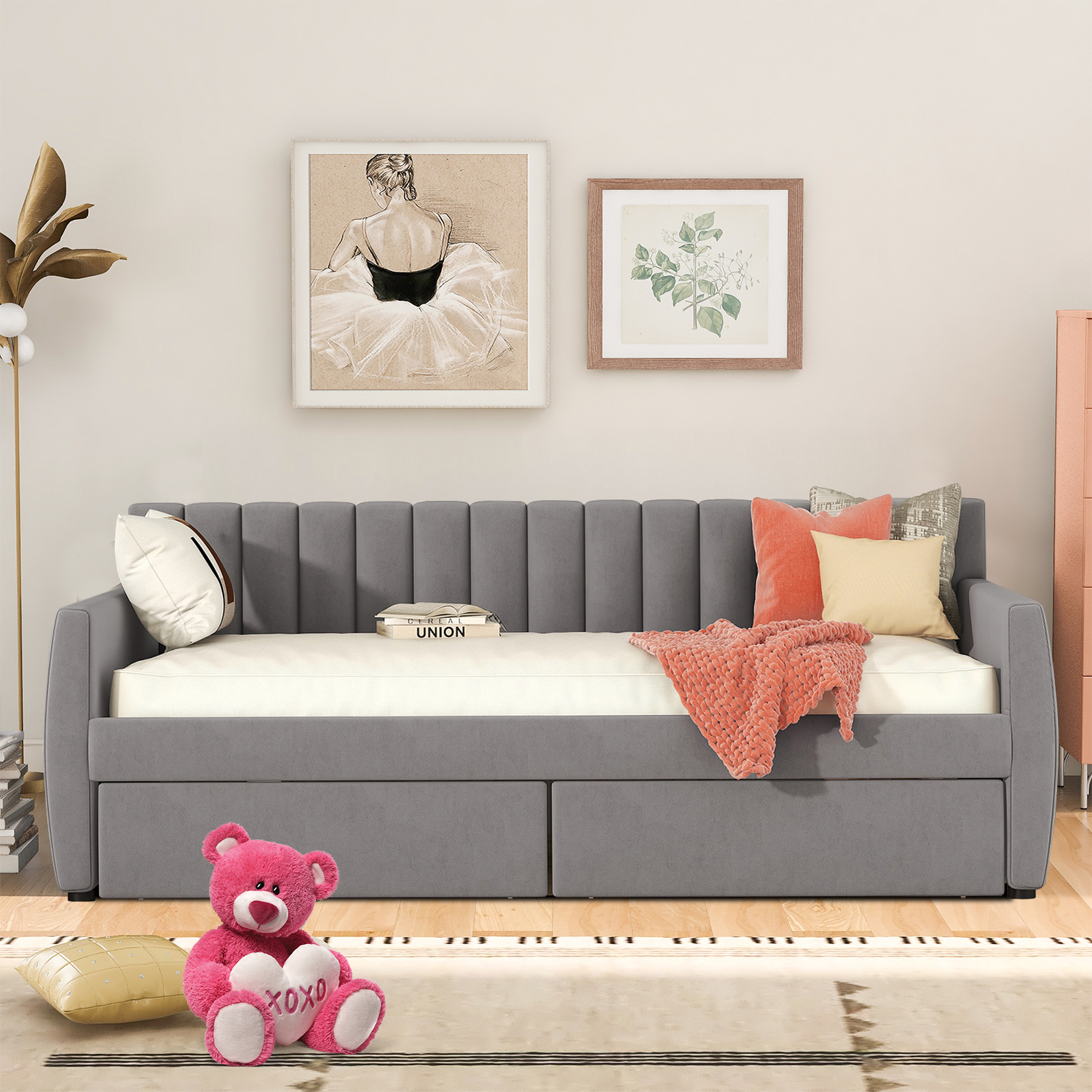 Elegant and Comfortable Velvet Fabric Twin Size Upholstered Daybed with Two Storage Drawers, Gray