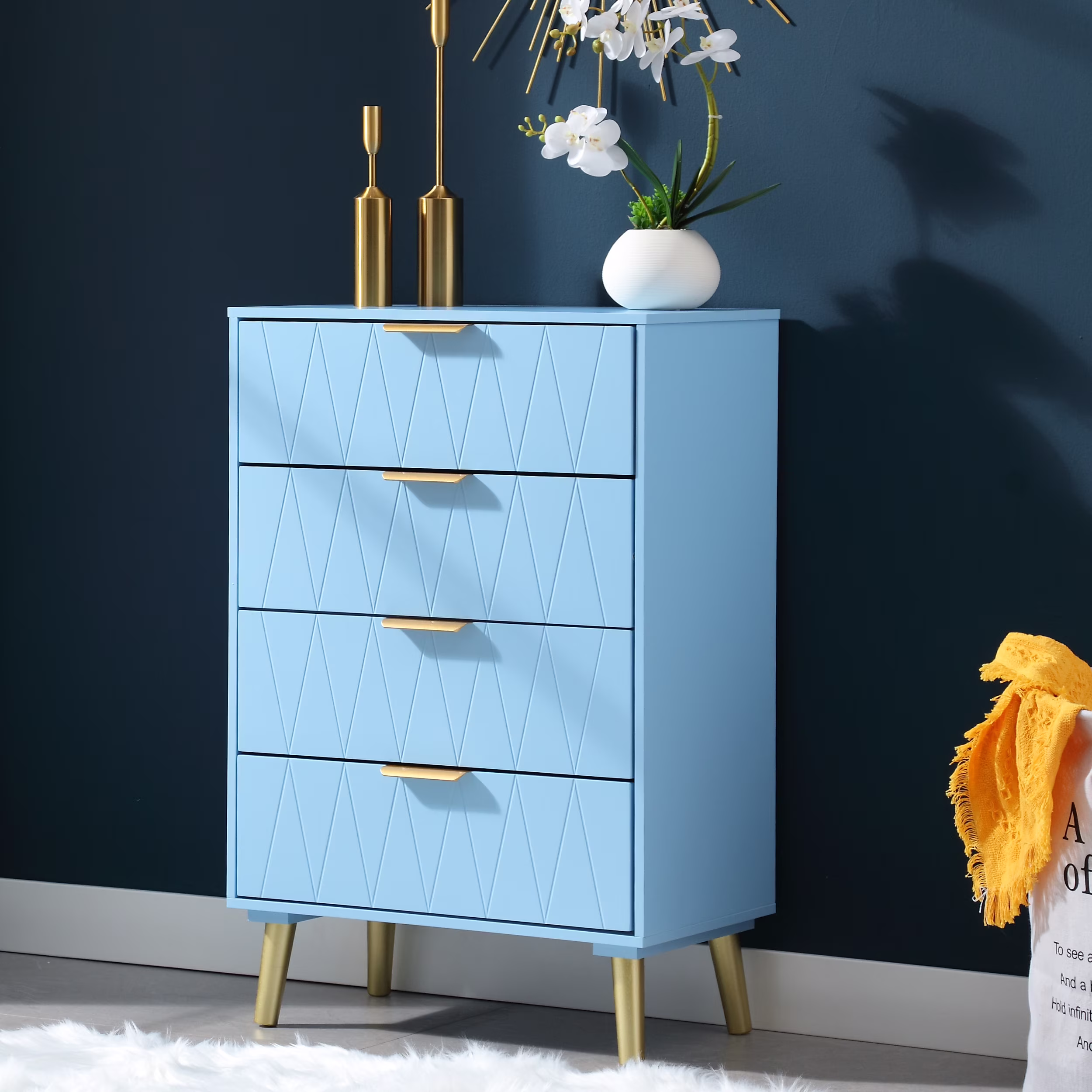 NOVALLA 4 Drawer Dresser, Modern Tall Dresser with Storage, Wide Chest of Drawers for Bedroom, Living Room(Blue)