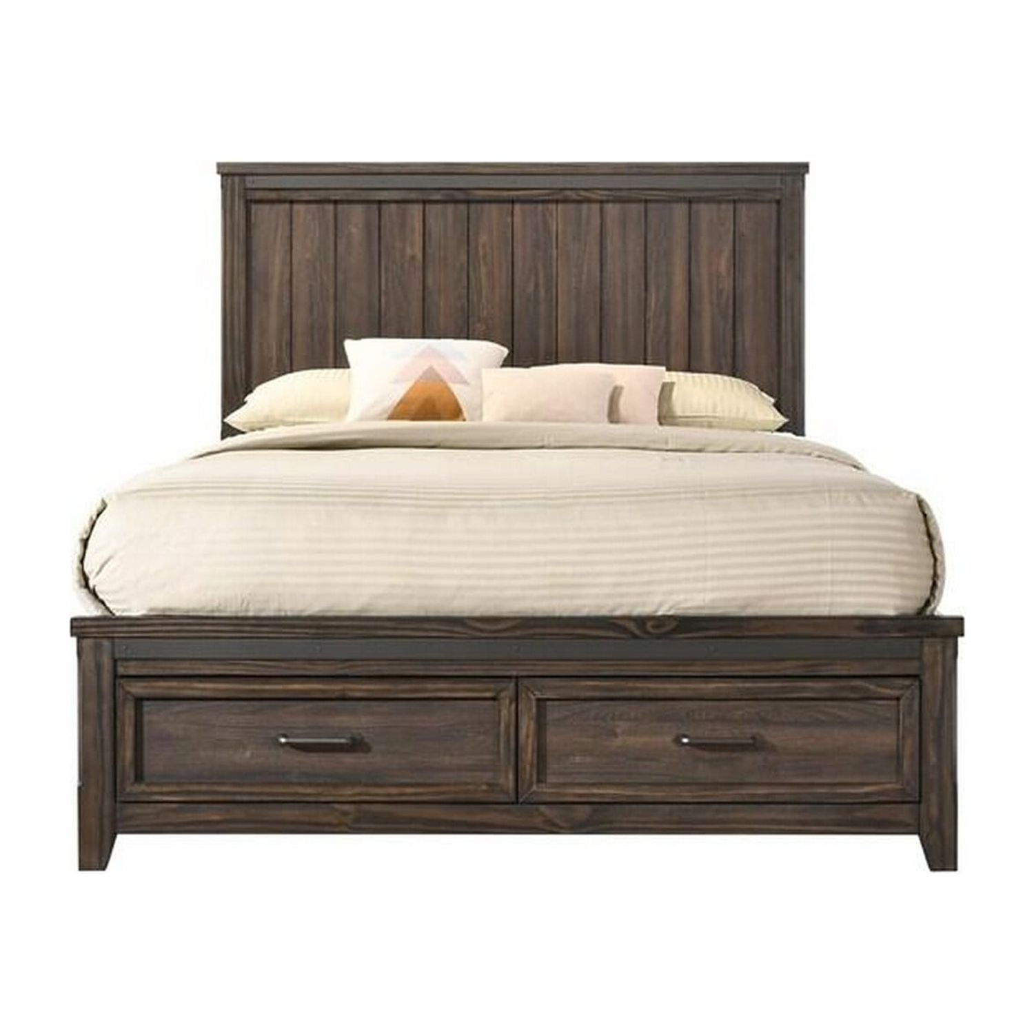 Benjara Sea King Size Bed, Rustic Modern Design, Panel Headboard, Brown Wood