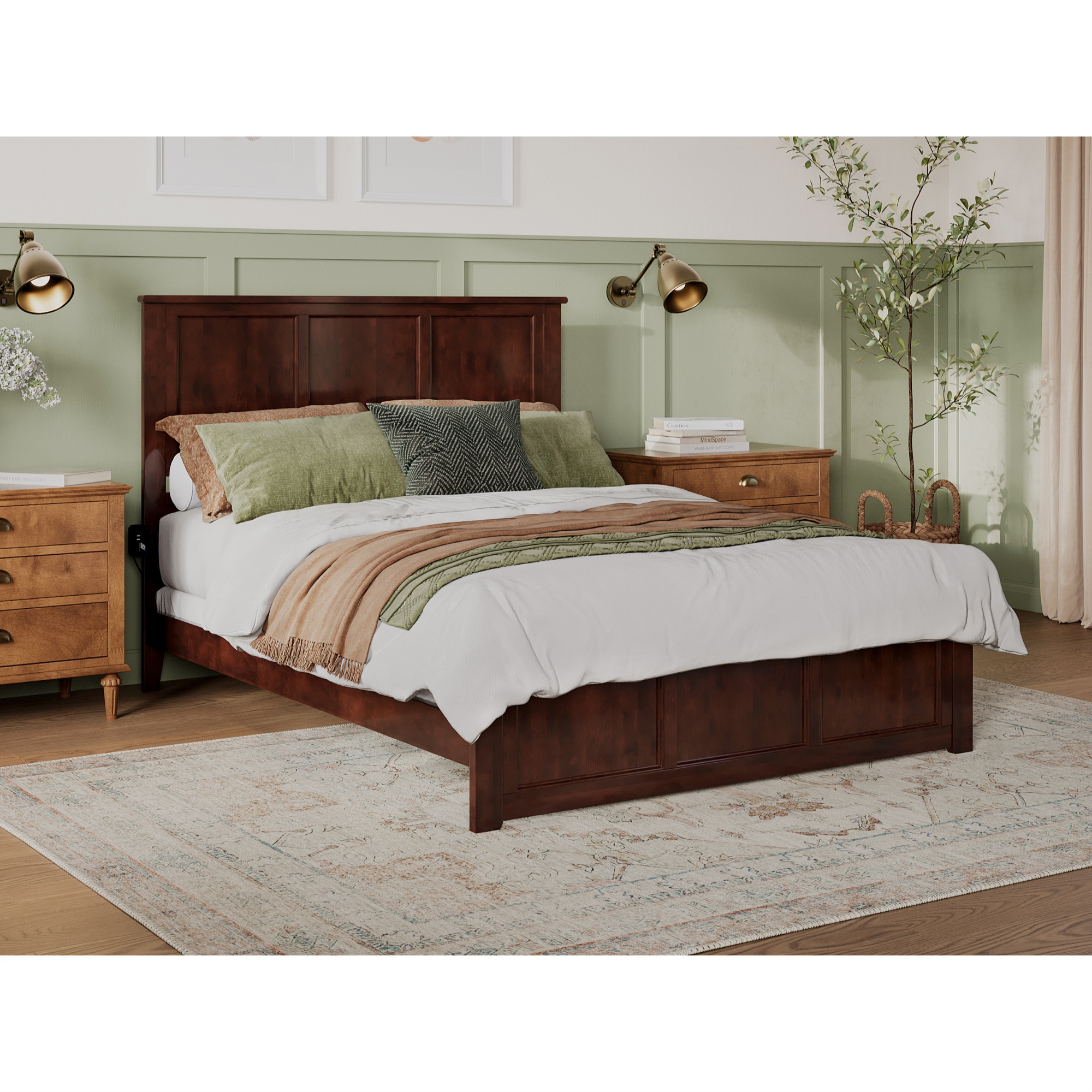 Madison Queen Low Profile Platform Bed with Matching Footboard in Walnut