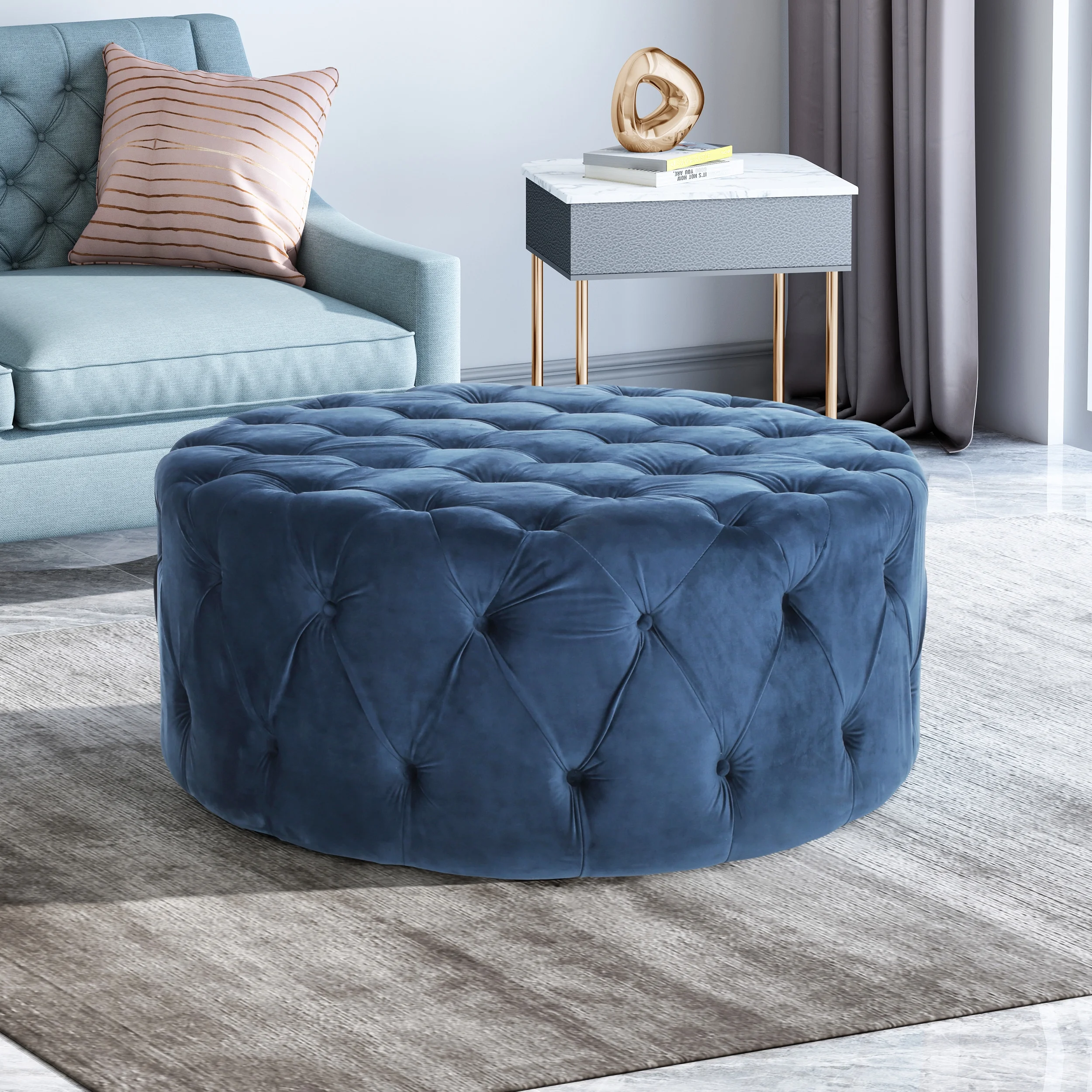 Noble House Vincent Modern Glam Round Tufted Velvet Ottoman, Blue