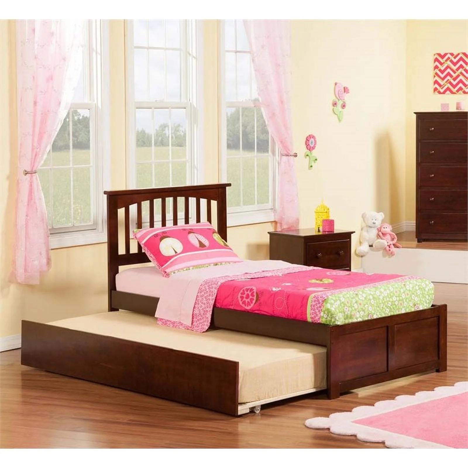 Leo & Lacey Farmhouse Solid Wood Urban Twin Trundle Platform Bed in Walnut