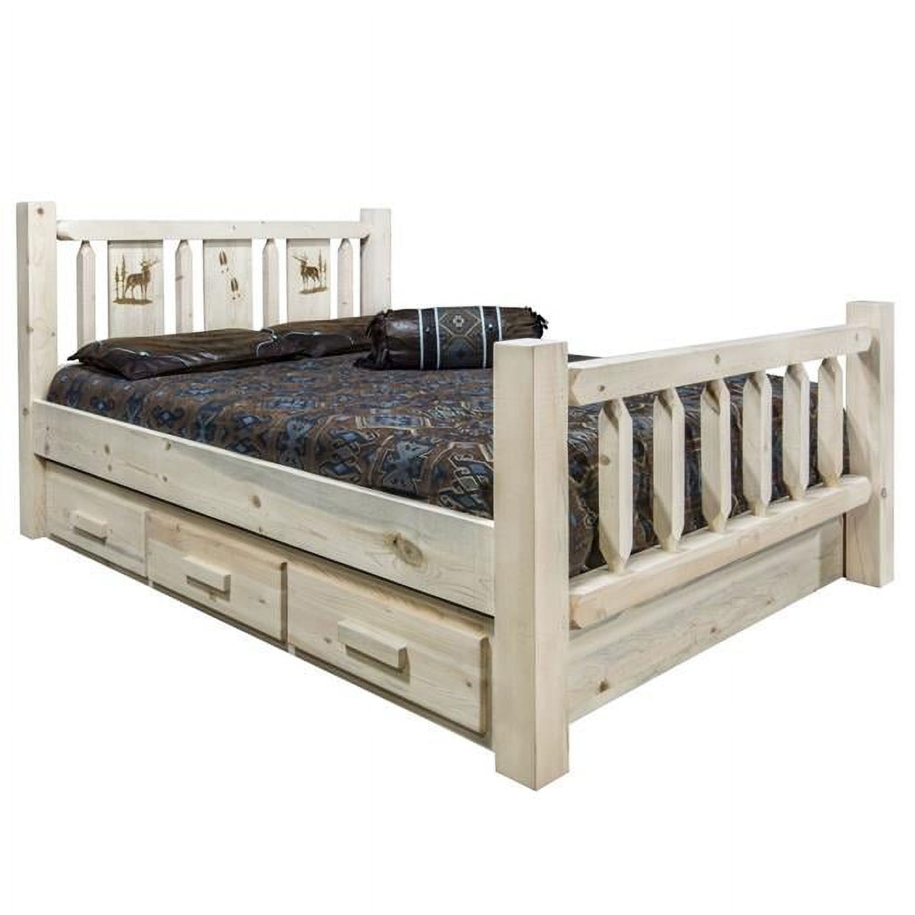 Homestead Collection Twin Size Storage Bed with Laser Engraved Elk Design, Clear Lacquer Finish