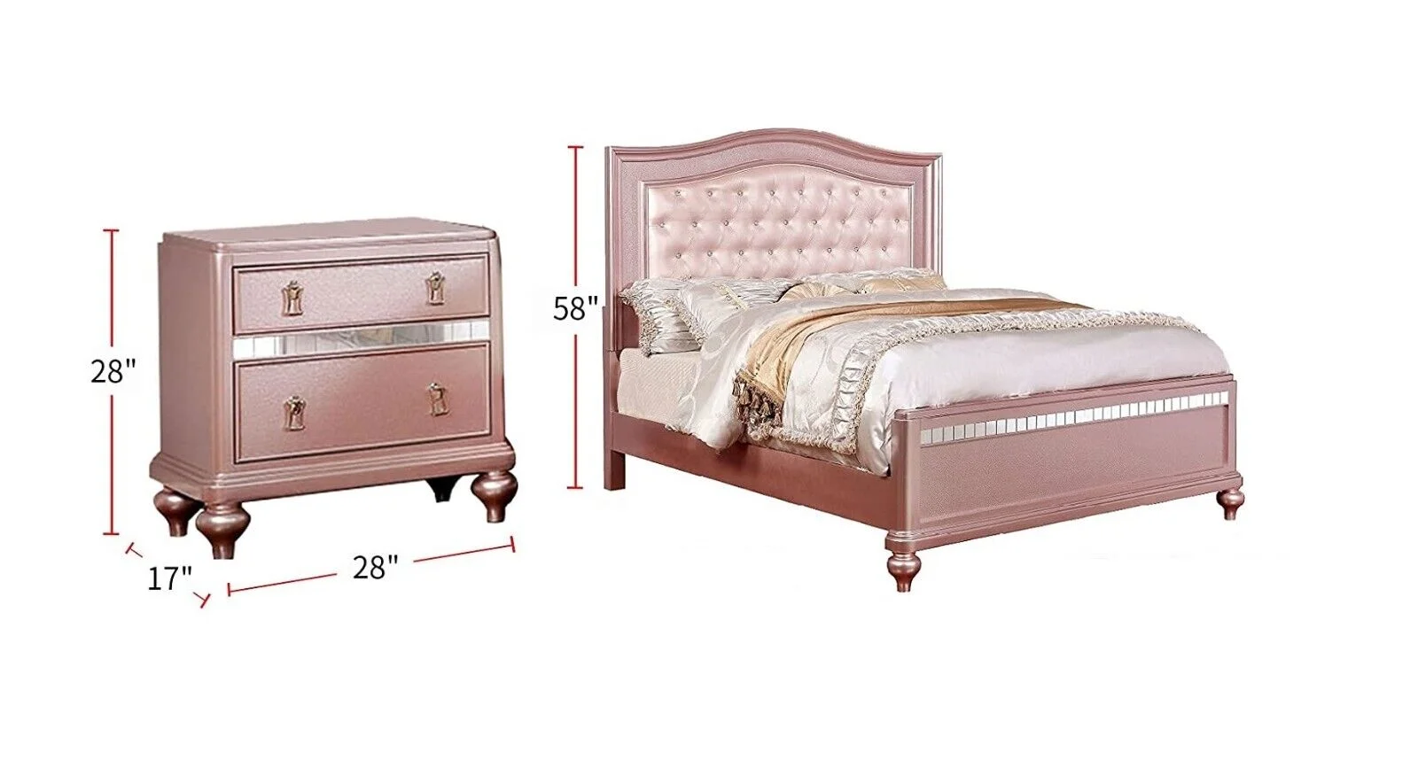 Twin Size Bed And 2x Nightstands 3pc Set Bedroom Furniture Acrylic Buttons Tufted Pale Pink Leatherette HB Rose Gold