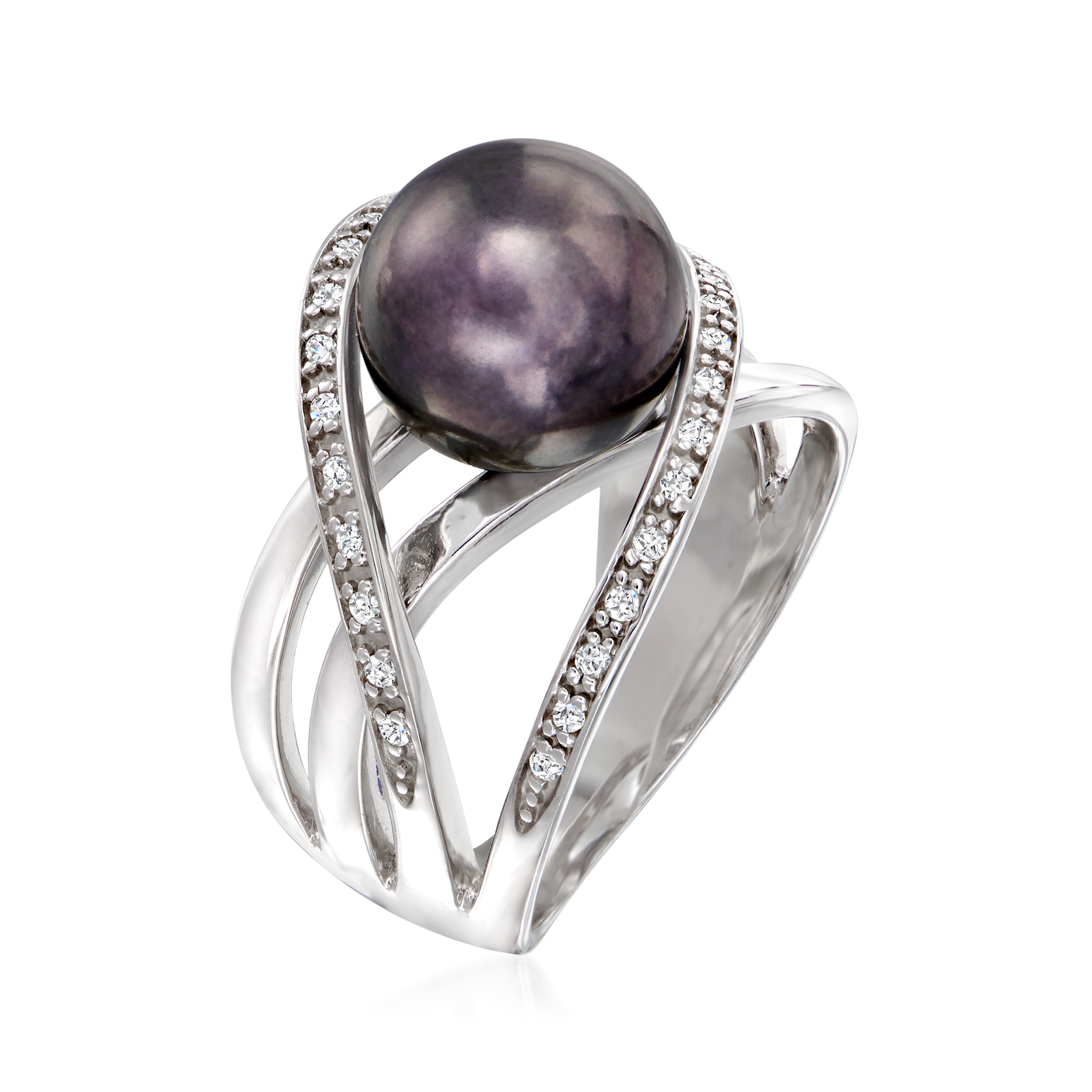 Ross-Simons 10mm Black Cultured Pearl and .10 ct. t.w. White Zircon Highway Ring in Sterling Silver, Women's, Adult