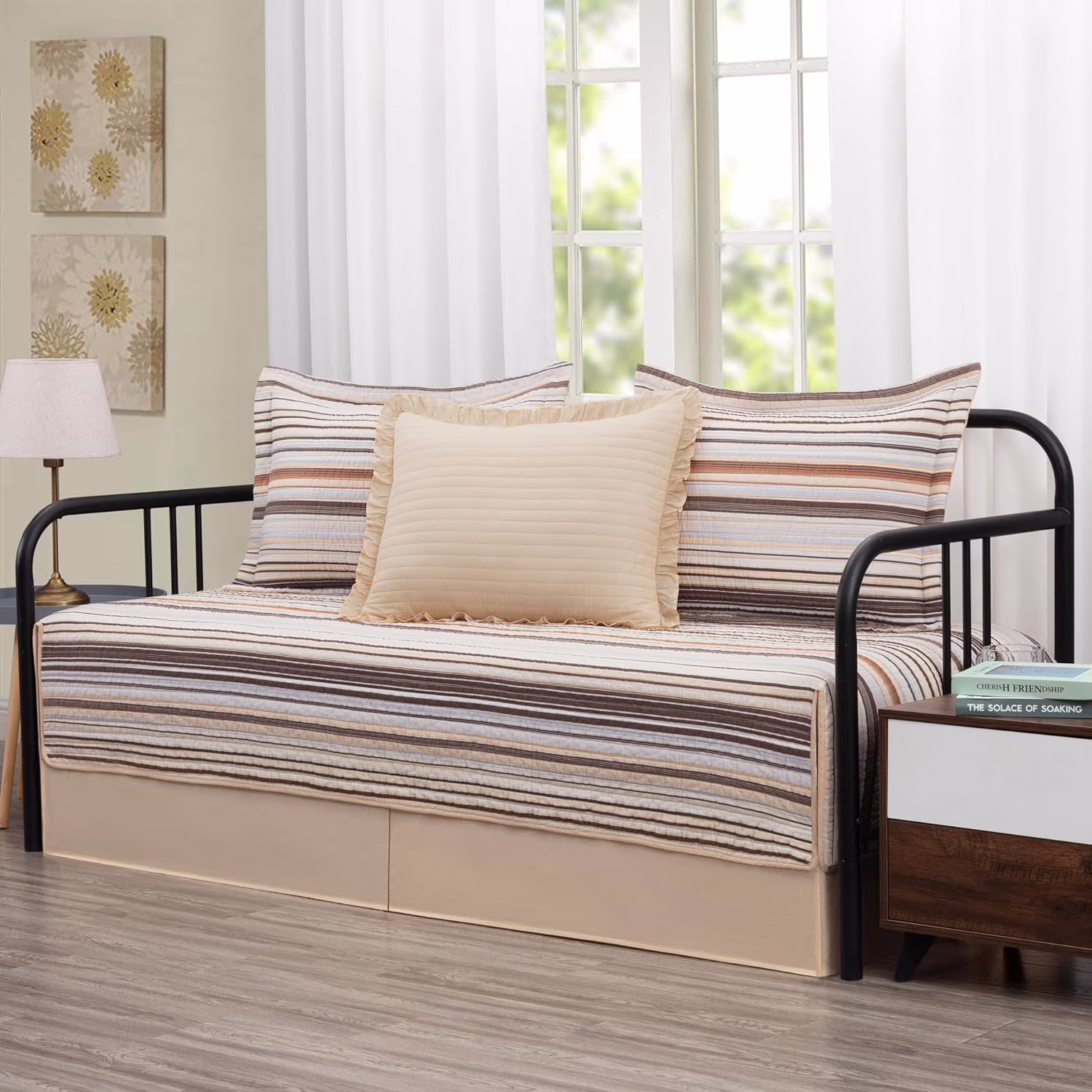 Chezmoi Collection Avery Striped Cotton Quilt Set Daybed Size, 5-Piece Soft Pre-Washed 100% Cotton Quilt, Multi-Color Brown