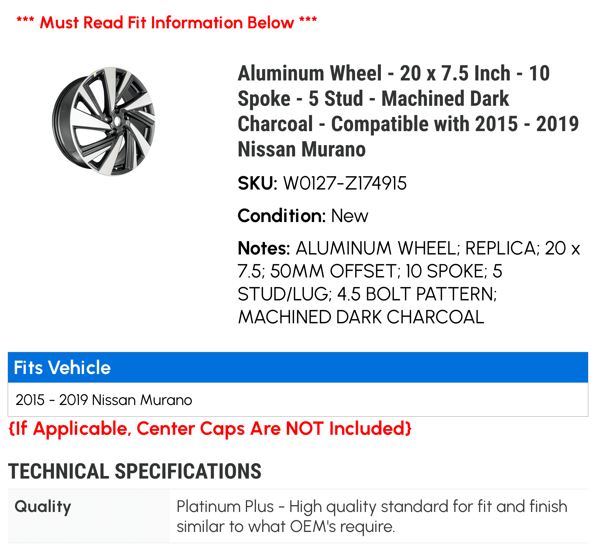 Aluminum Wheel - 20 x 7.5 Inch - 10 Spoke - 5 Stud - Machined Dark Charcoal - Compatible with 2015 - 2019 Nissan Murano 2016 2017 2018 2021