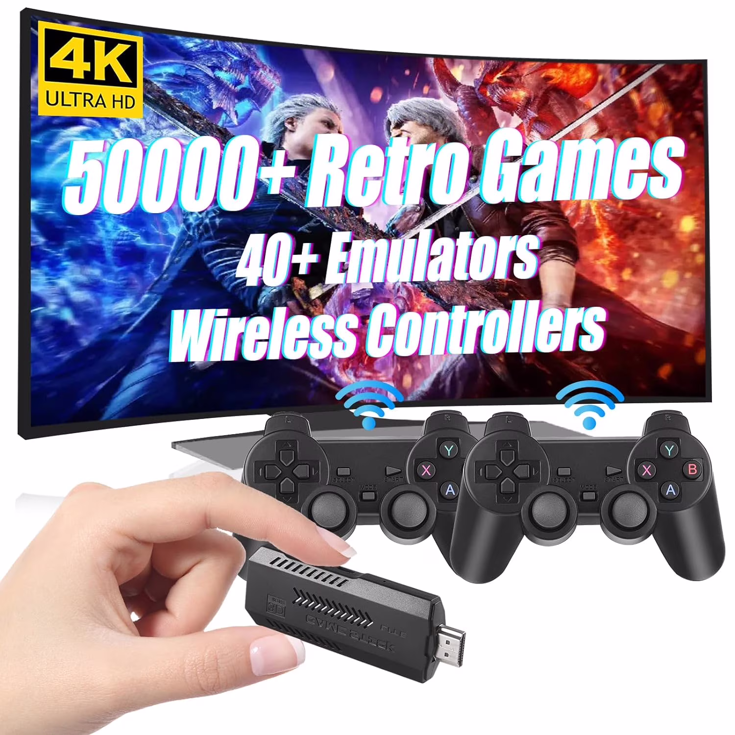 Wireless Retro Game Console, 128G Game Stick Built in 50,000 Games, 40+ Emulators, Dual Wireless Controllers, Plug & Play Video Game Consoles, 4K HDMI Nostalgia Stick Game for TV
