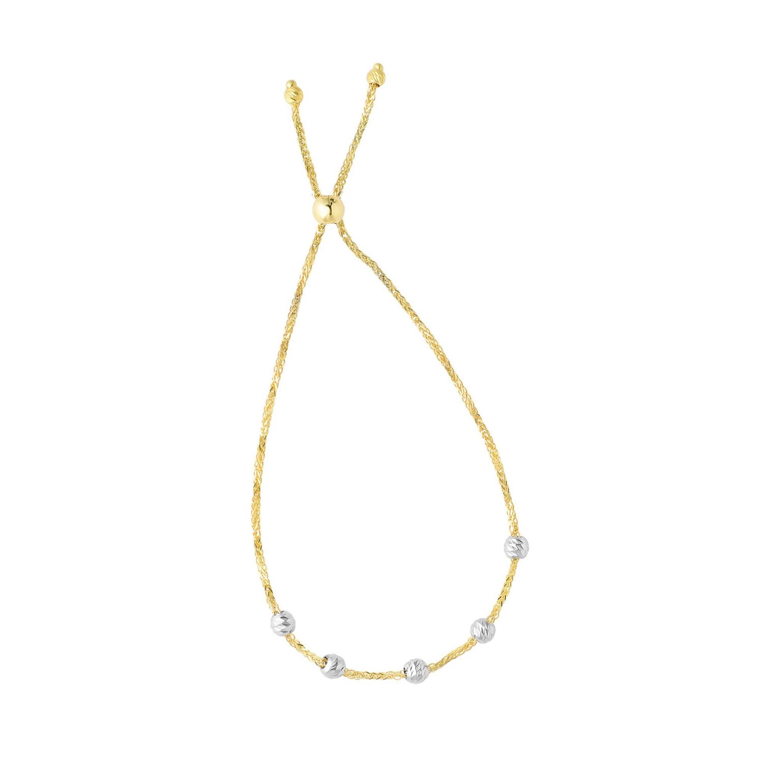 14K Yellow Gold 2-Tone Stationed Diamond-Cut Spiga Beads Bolo Bracelet Adjust.
