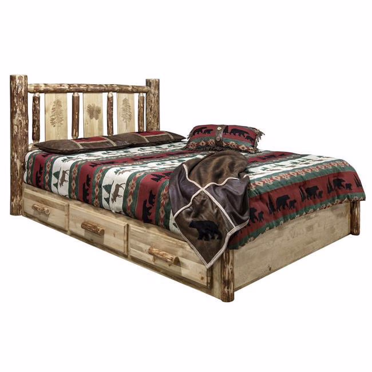 Glacier Country Platform Bed with Storage & Laser Engraved Pine Design - Full Size