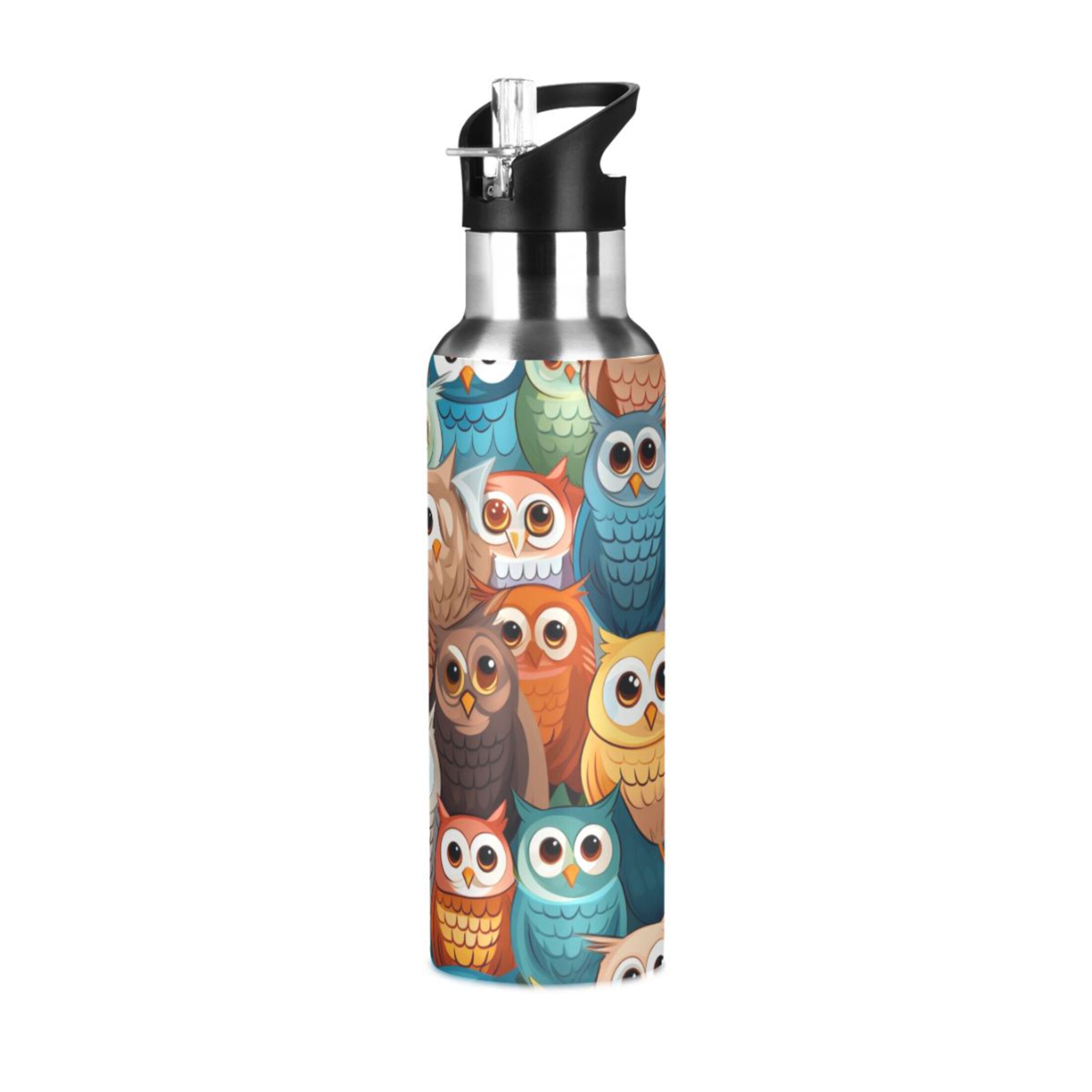 Owl Cute Water Bottles Insulated Thermos Kids Stainless Steel Bottle with Straw Lid Flask Leakproof for Sports Gym 20 oz