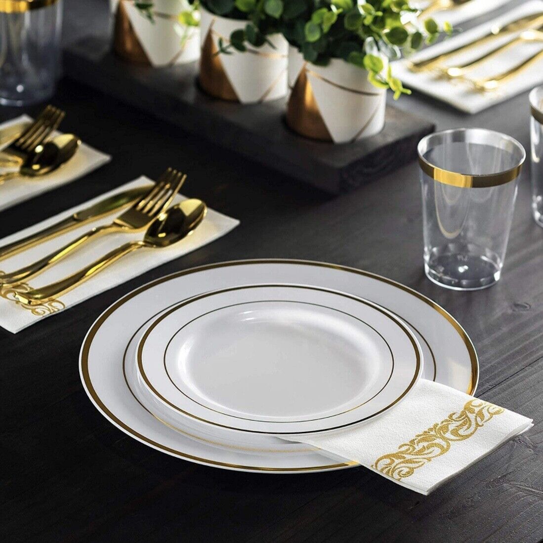 Prime Disposable Gold Trim Plastic Party Plates 9'' and 6'' Heavy Duty Plates