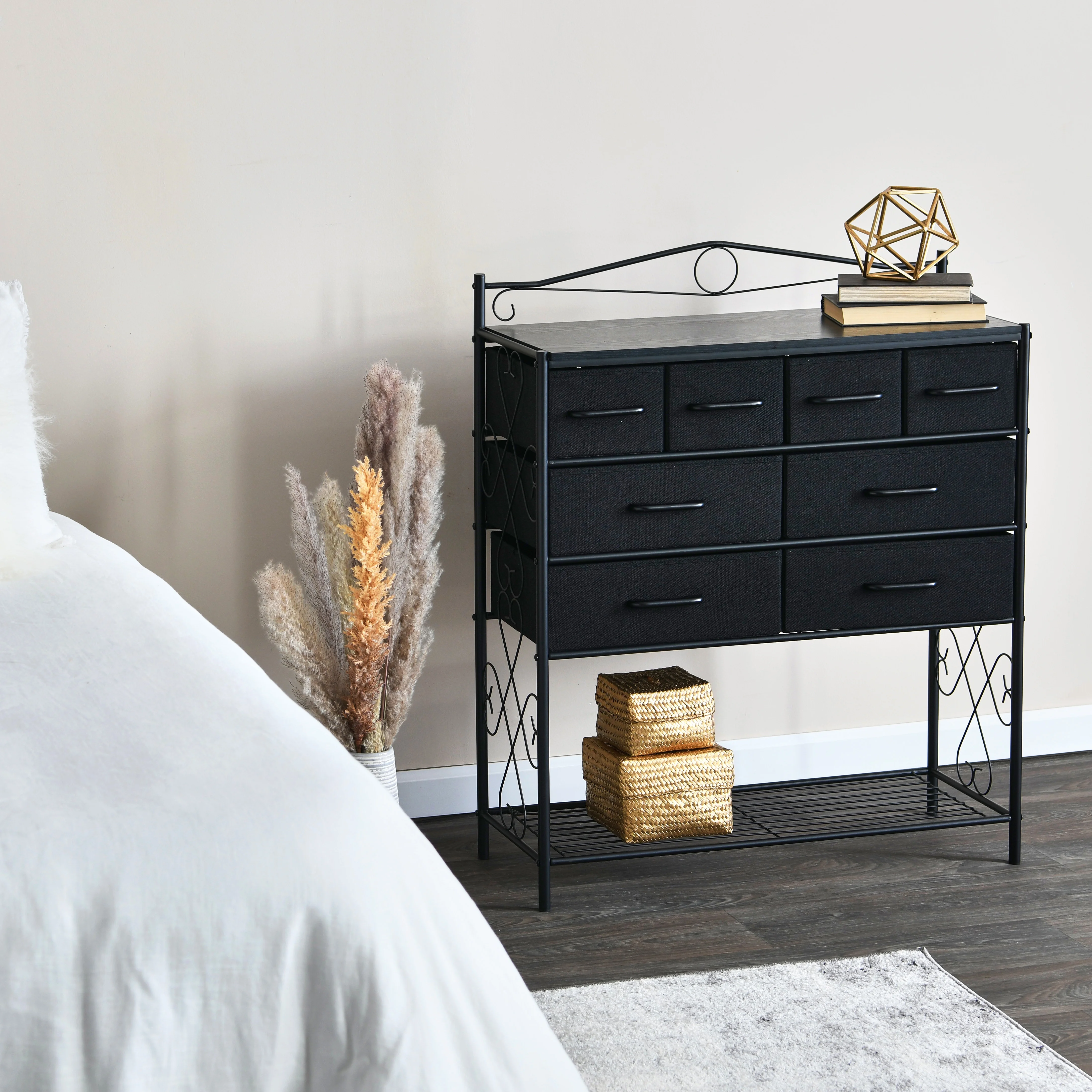 Household Essentials Wide Dresser with Storage Rack, Victorian Metal Frame and 8 Drawers, use as Dresser, Entryway Console and More, Victoria Collection