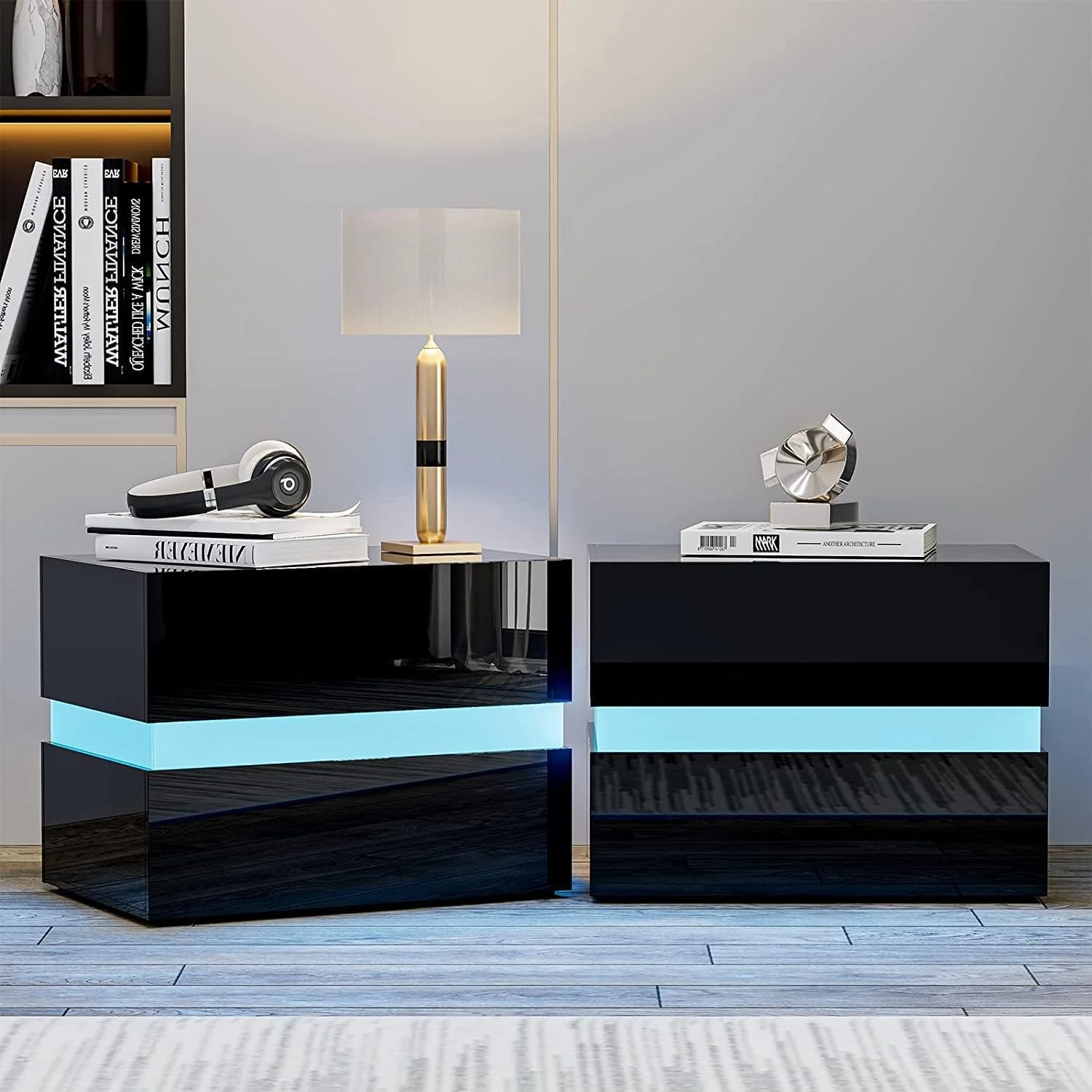IKIFLY Modern LED Nightstand Set of 2, Bedside Table with with 2 High Glossy Drawers & LED Lights, End Table Side Table for Bedroom Living Room - Black