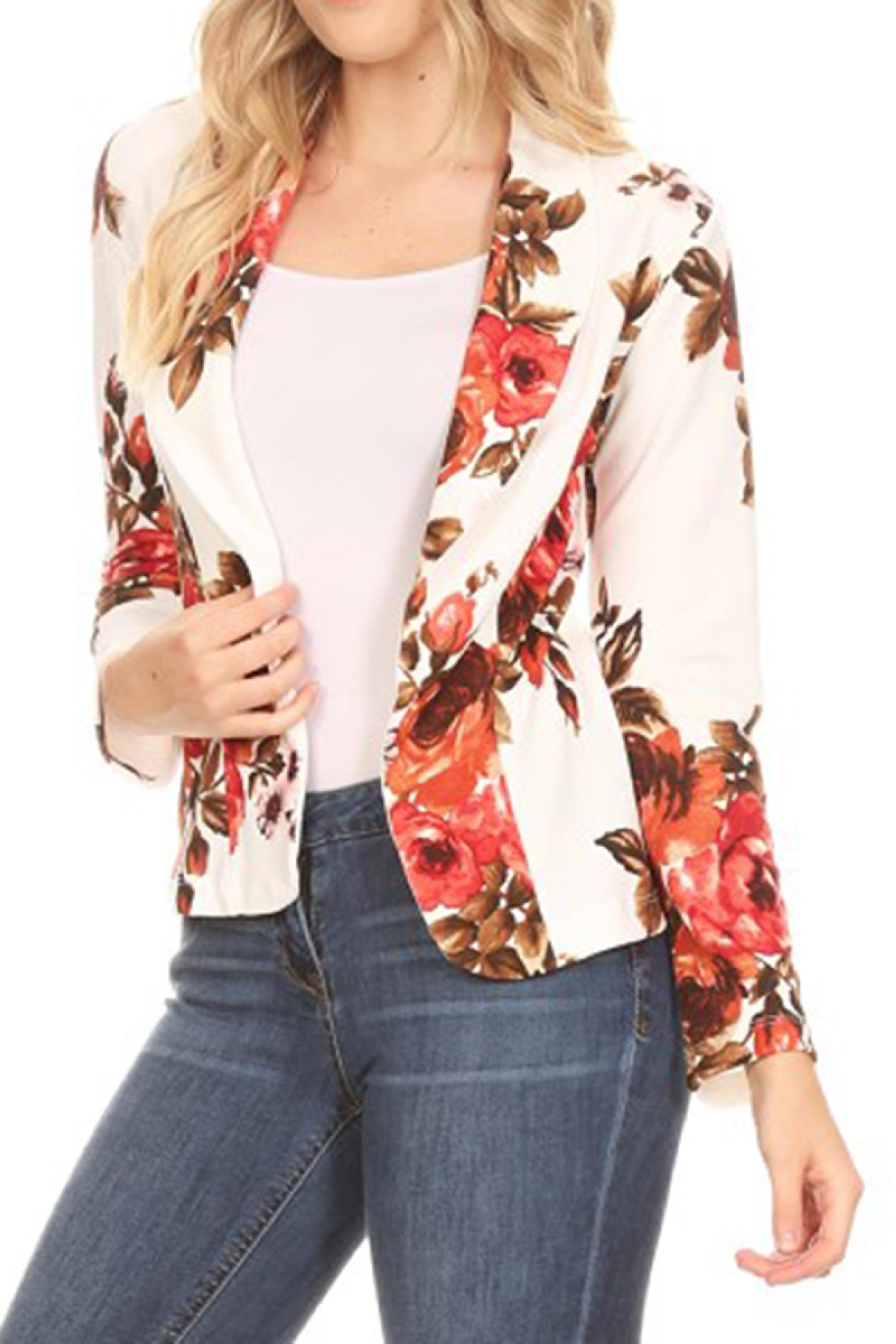 MOA COLLECTION Women's Casual Pattern Print Fitted Open Front Long Sleeves Office Blazer Jacket