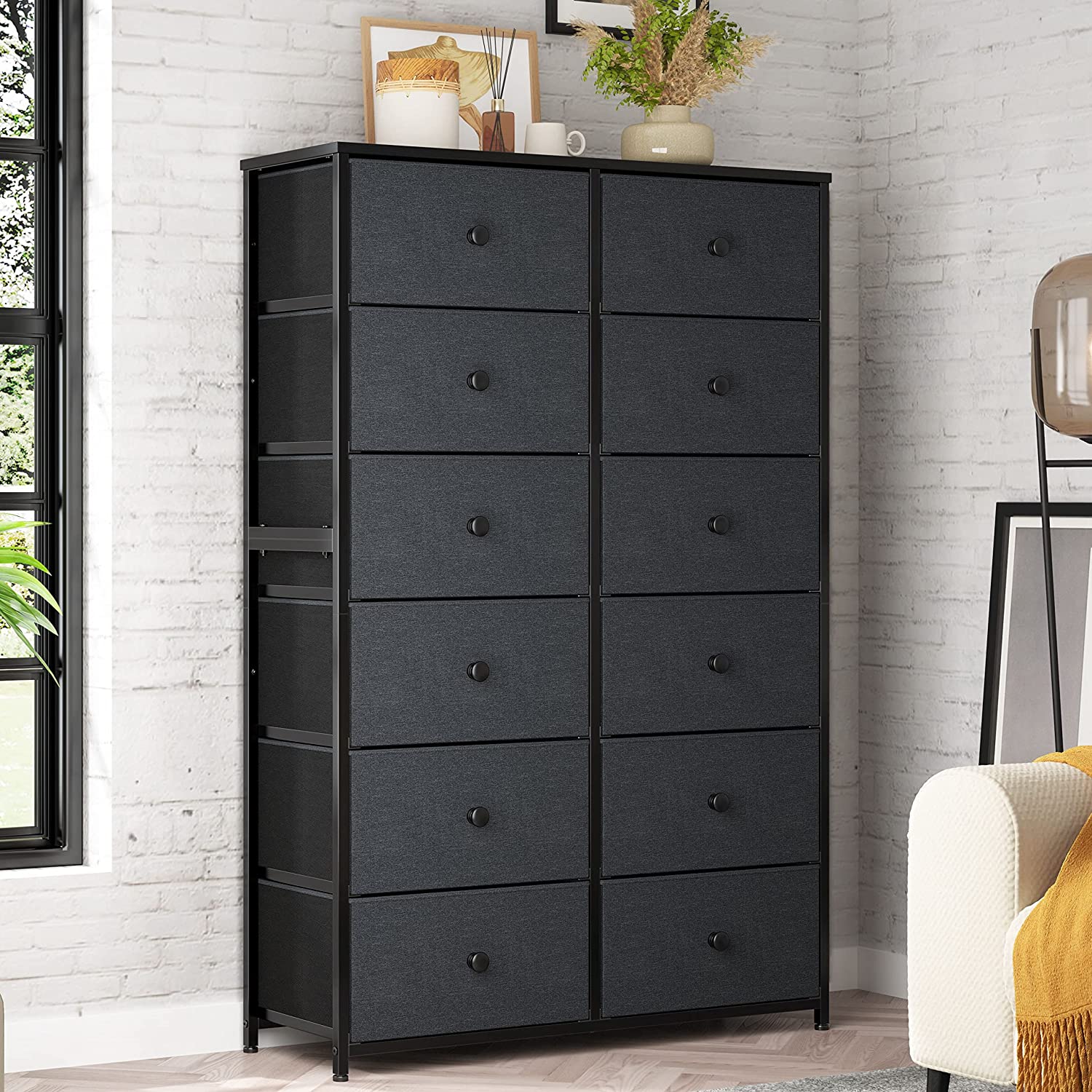 12 Drawer Dresser, Tall Dressers for Bedroom with Wooden Top and Metal Frame, Black Dresser & Chest of Drawers for Bedroom, Closet Living Room, Black Grey, 11.9