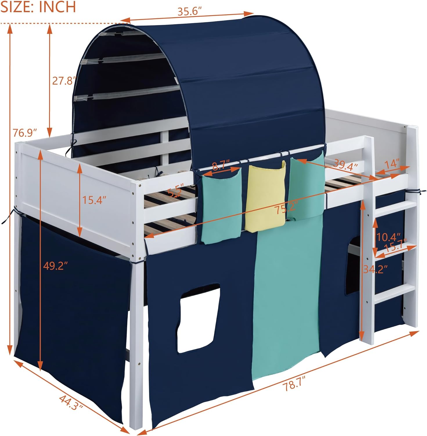 Low Loft Bed Frame With Tent & Tower, Wood Kids Loft Bed With Three Pockets, Storage Bed Frame For Kids,Teens, Boys Girls, Blue