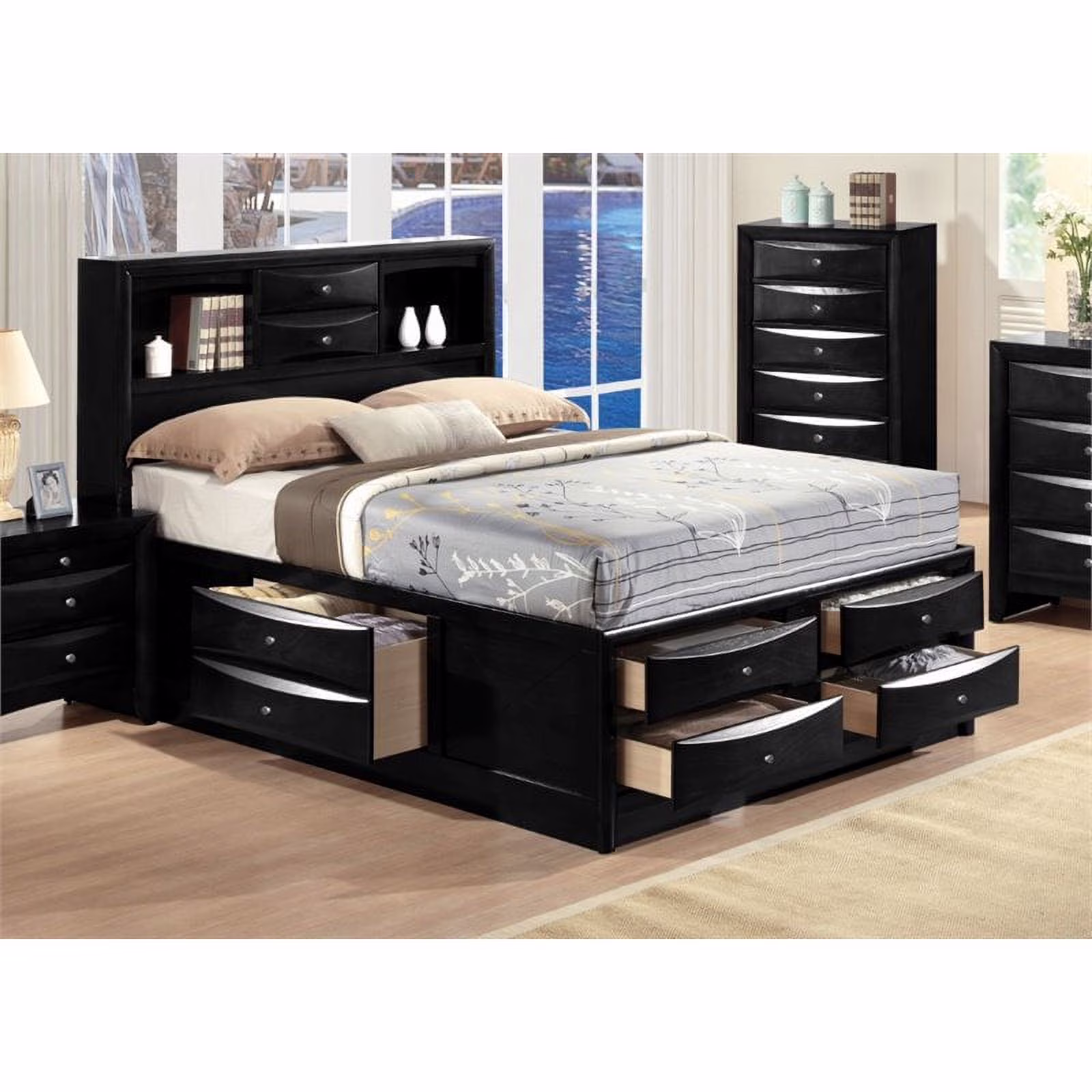 Bowery Hill Transitional Design Queen Size Bed with Storage, Headboard Bookcase in Black