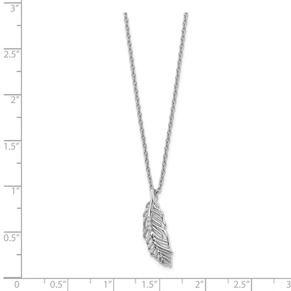 925 Sterling Silver White Ice Diamond Feather 18in With 2in EXT Necklace; 18 inch; for Adults and Teens; for Women and Men