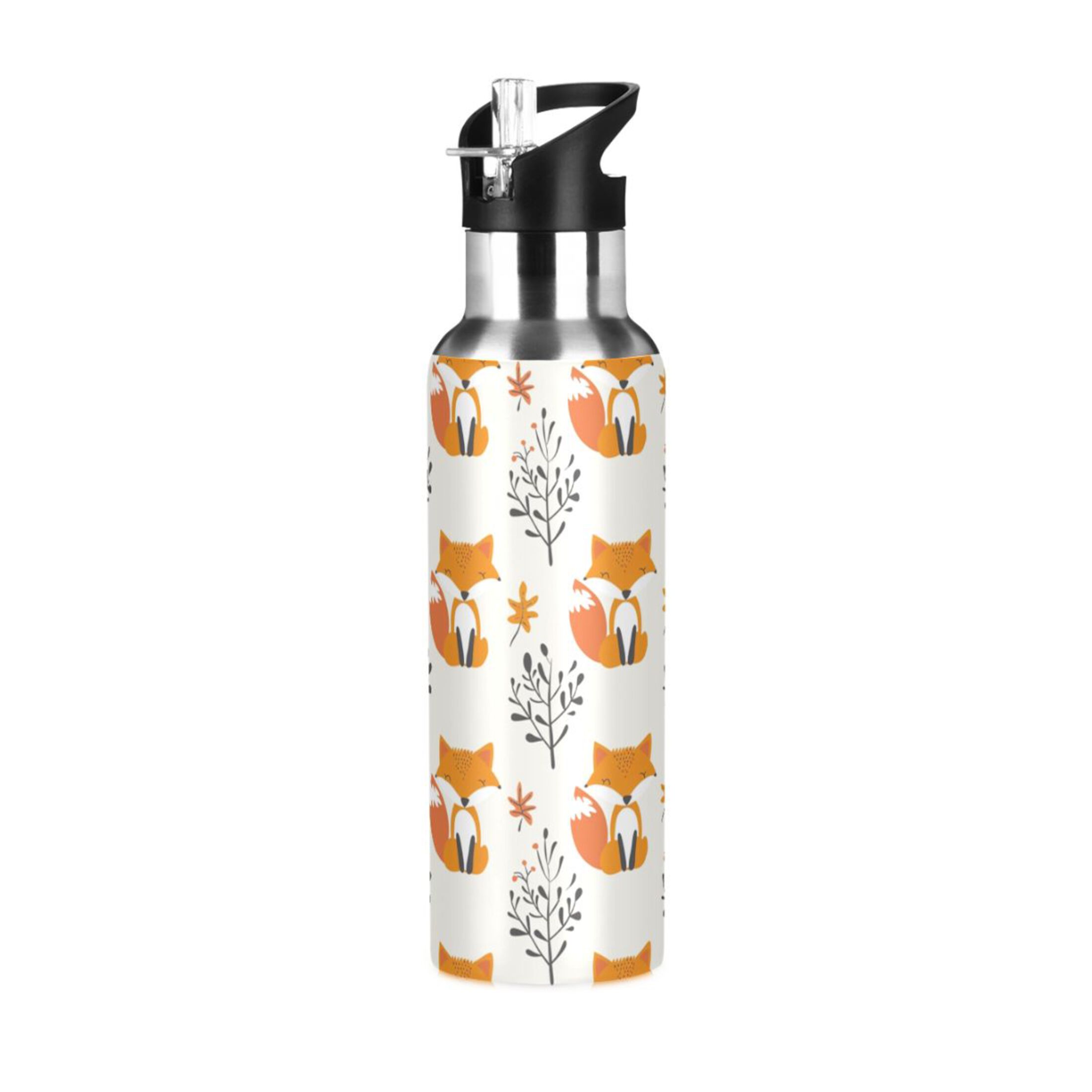 Fox and Leaves Water Bottles Insulated Thermos Kids Stainless Steel Bottle with Straw Lid Flask Leakproof for Sports Gym 20 oz