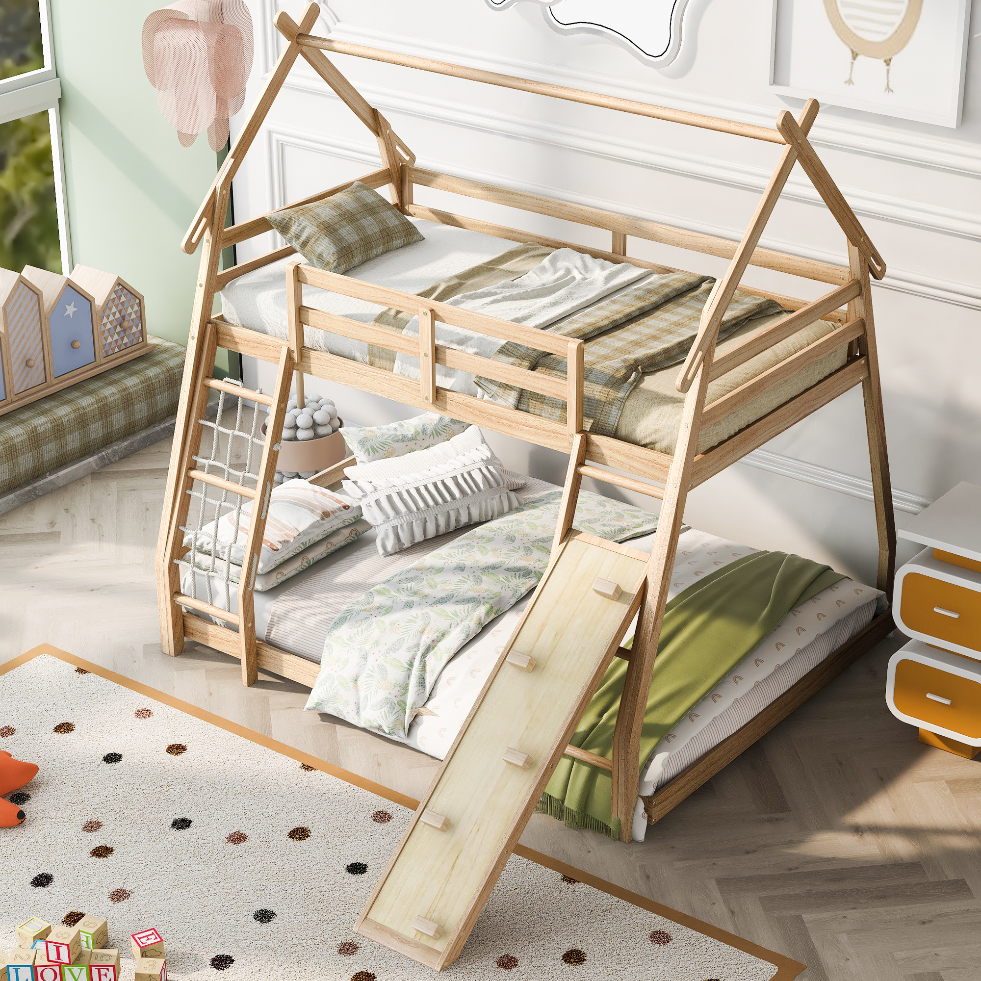 Dawn Whisper Twin over Queen House Bunk Bed with Climbing Nets and Climbing Ramp, Natural
