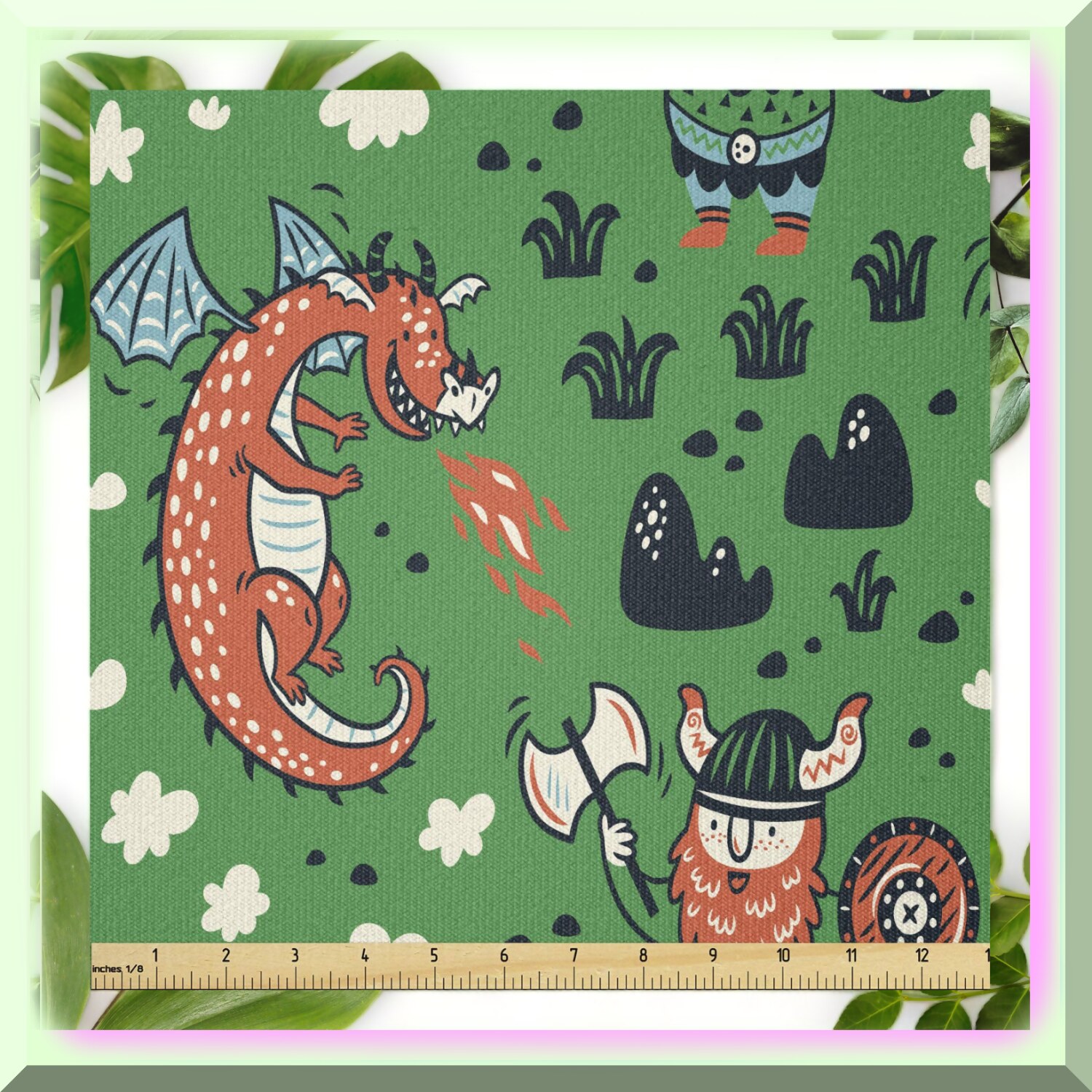 Dragon Adventure Fabric - Whimsical Viking Man in Sienna Fern - Stretch Knit for Clothing, Sewing, and Arts - 1 Yard