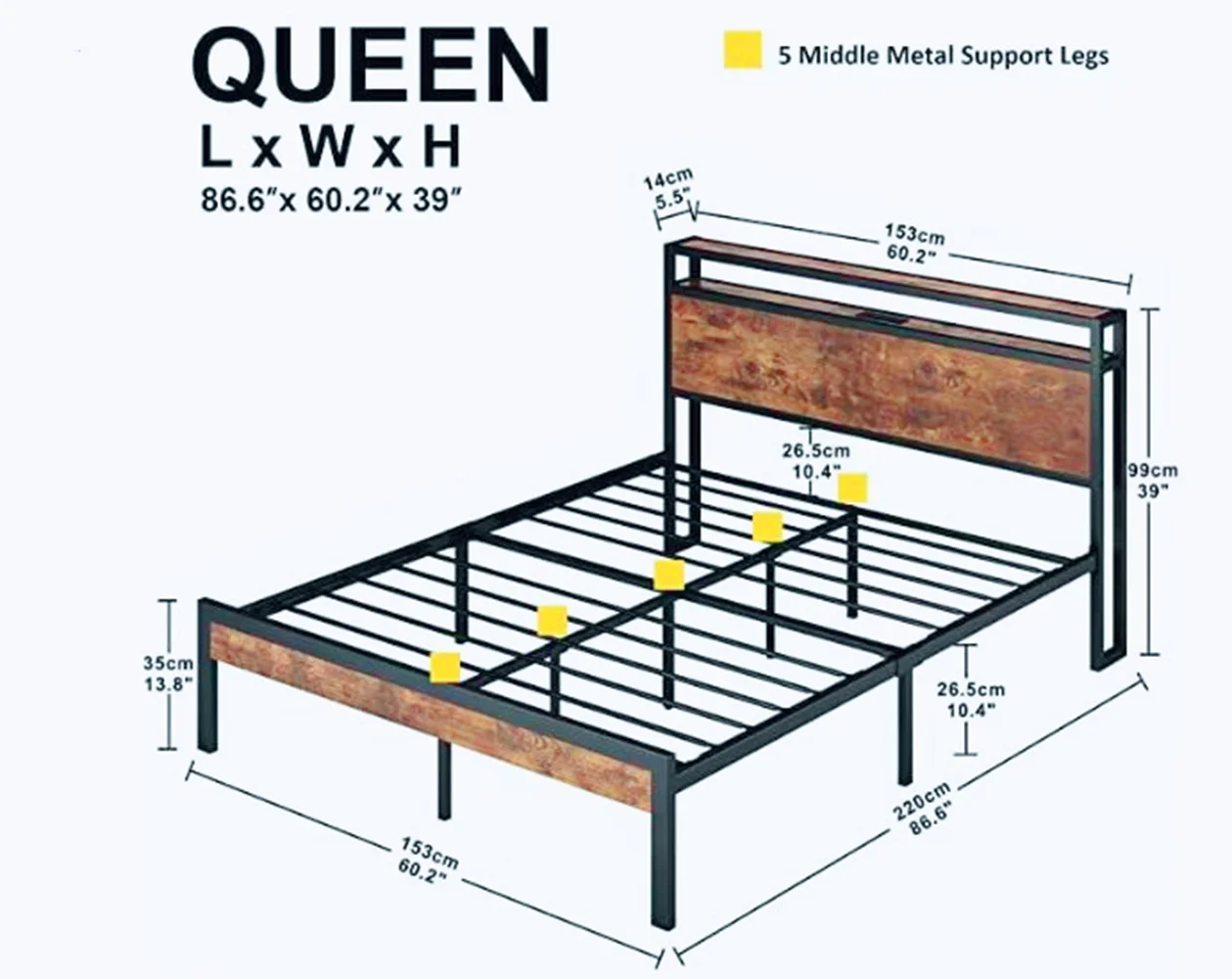 Queen Size Metal Platform Bed Frame with Wooden Headboard and Footboard with USB Liner, No Box Spring Needed, Large Under Bed Storage, Easy Assemble