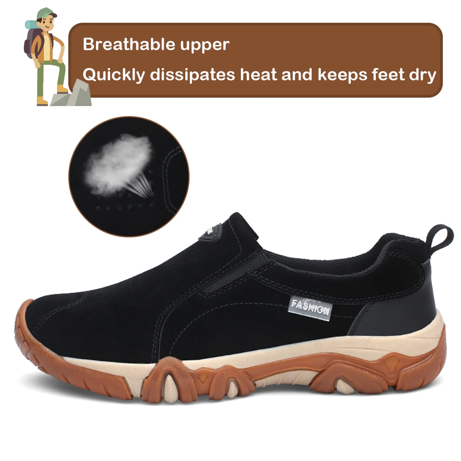 Hiking Shoes for Men Laceless Suede Breathable Slip Resistant Boots Lightweight Sneakers for Outdoor Walking Trekking Trail