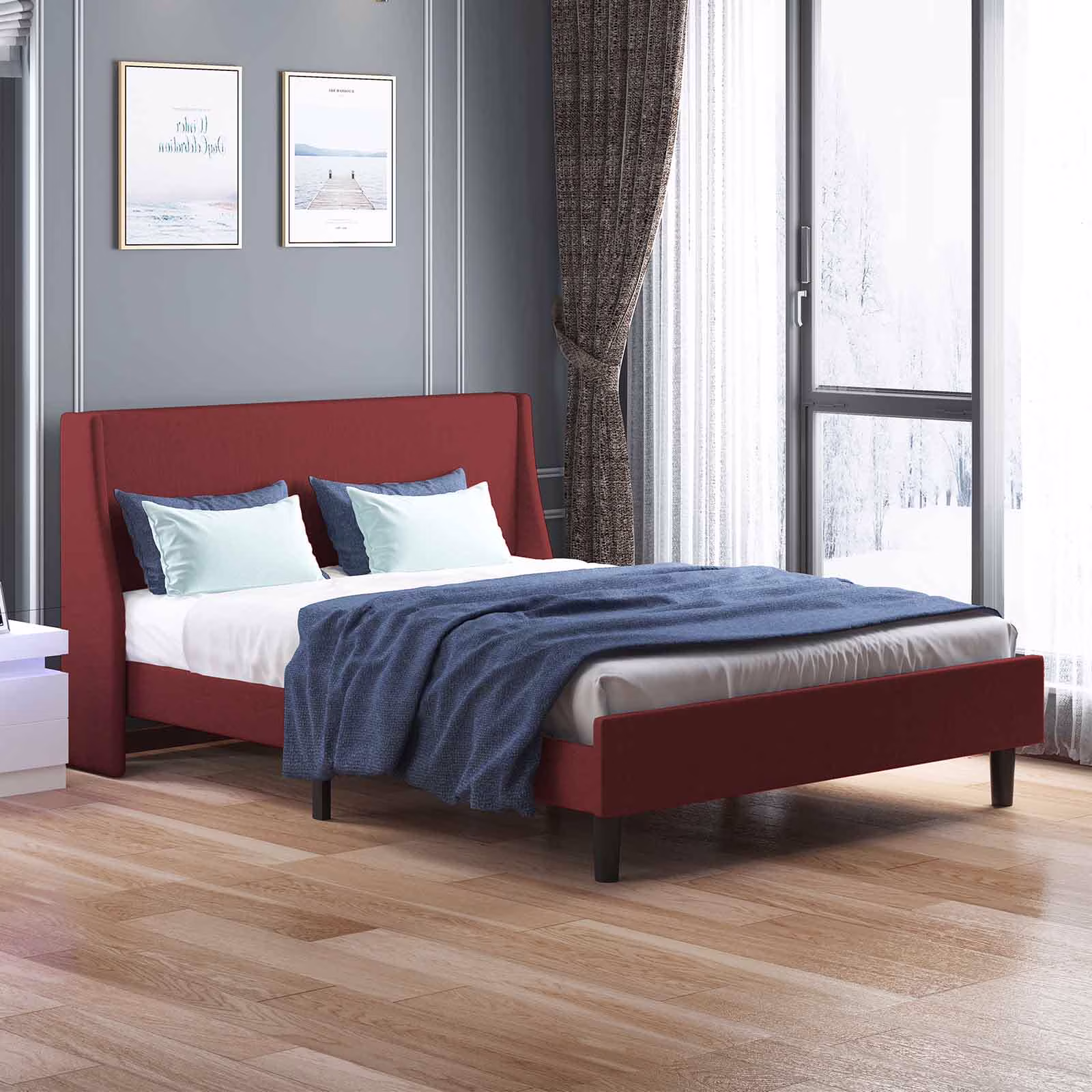 CECER King Size Bed Frame, Modern Bed Frame with Upholstered Headboard & Broad Wingback Wooden Slat Support, No Box Spring Needed - Burgundy Red